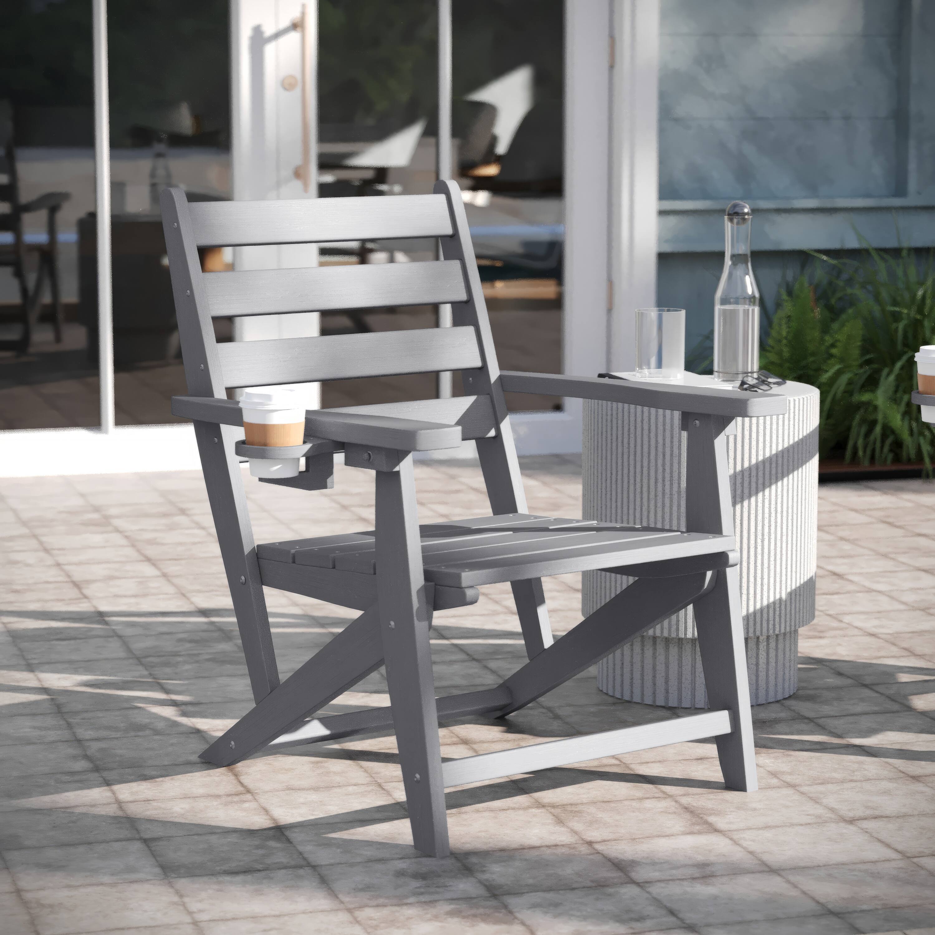 Alt View 1. Emma + Oliver - Arcata Adirondack Dining Chair with Fold Out Cup Holder, Weather Resistant Recycled HDPE Adirondack Chair - Gray.