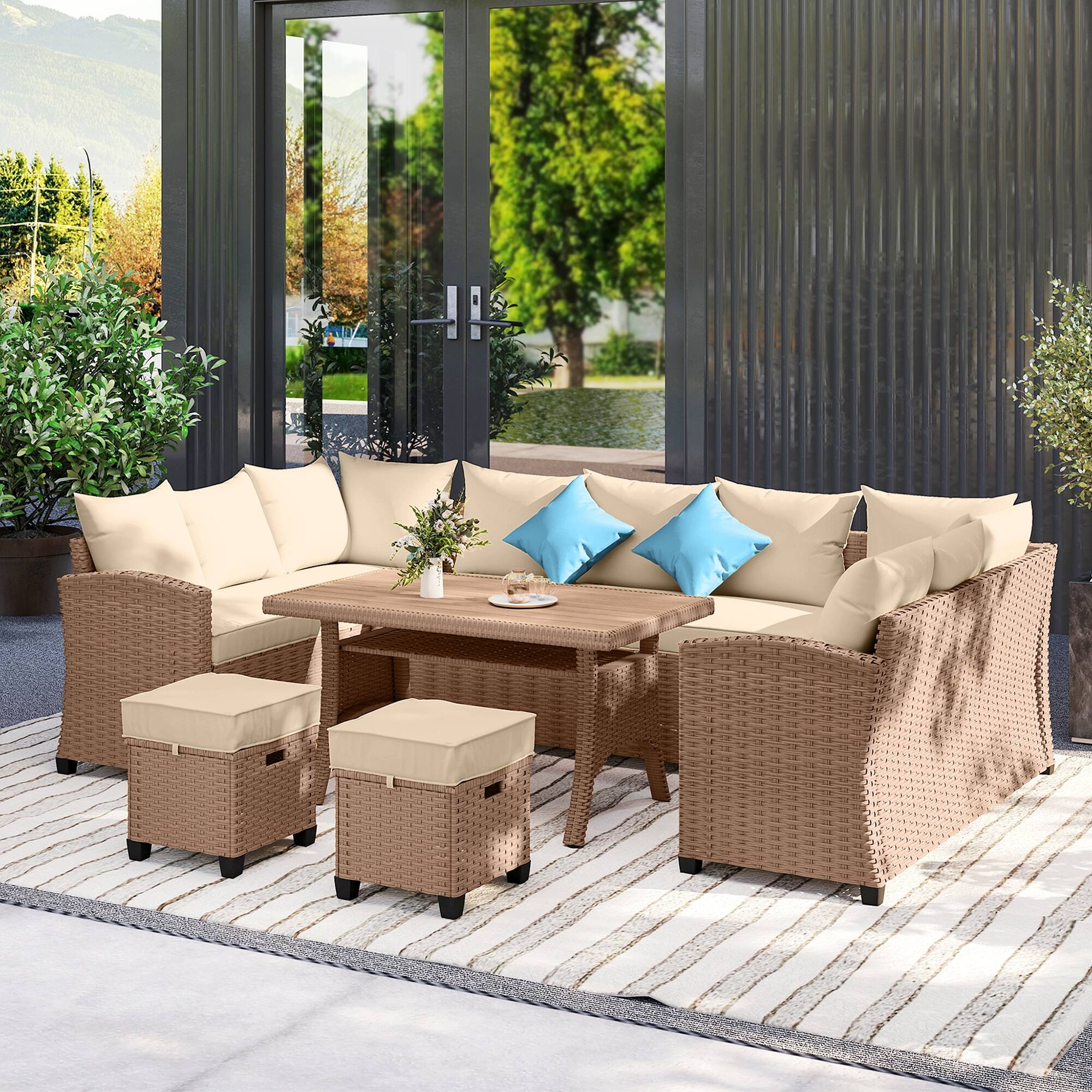 Alt View 7. Outsunny - 6 Piece Patio Furniture Set, PE Wicker Outdoor Furniture Conversation Set with 3 Sofas - Khaki.