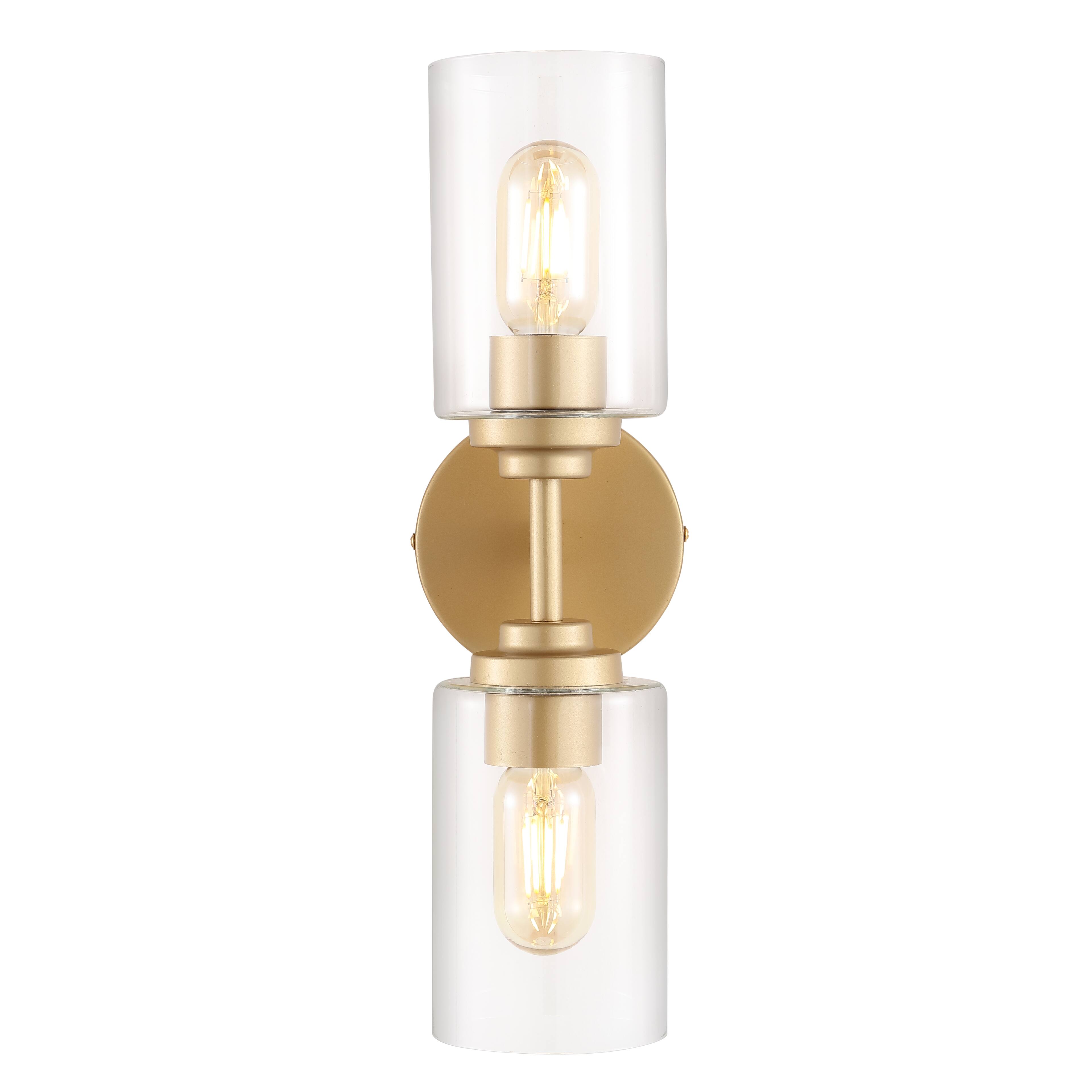 Alt View 6. Jonathan Y - Giles 16" 2-Light Farmhouse Industrial Iron Cylinder LED Sconce, Brass Gold/Clear - Brass Gold.