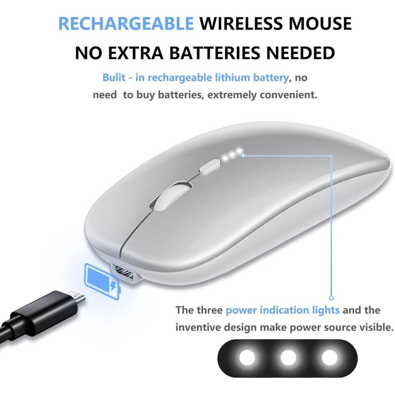RECHARGEABLE WIRELESS MOUSE  
NO EXTRA BATTERIES NEEDED  

Built-in rechargeable lithium battery, no need to buy batteries, extremely convenient.  

The three power indication lights and the inventive design make power source visible.