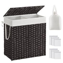 Songmics Home - Laundry Hamper with Lid and 2 Removable Liner Bags,110L, 6 Mesh Bags, Wicker Laundry Basket, Double Laundry Hamper - Black