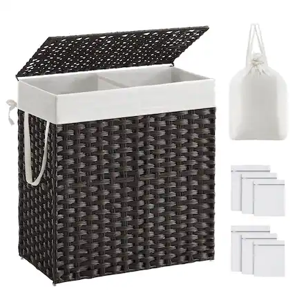 Front. Songmics Home - Laundry Hamper with Lid and 2 Removable Liner Bags,110L, 6 Mesh Bags, Wicker Laundry Basket, Double Laundry Hamper - Black.