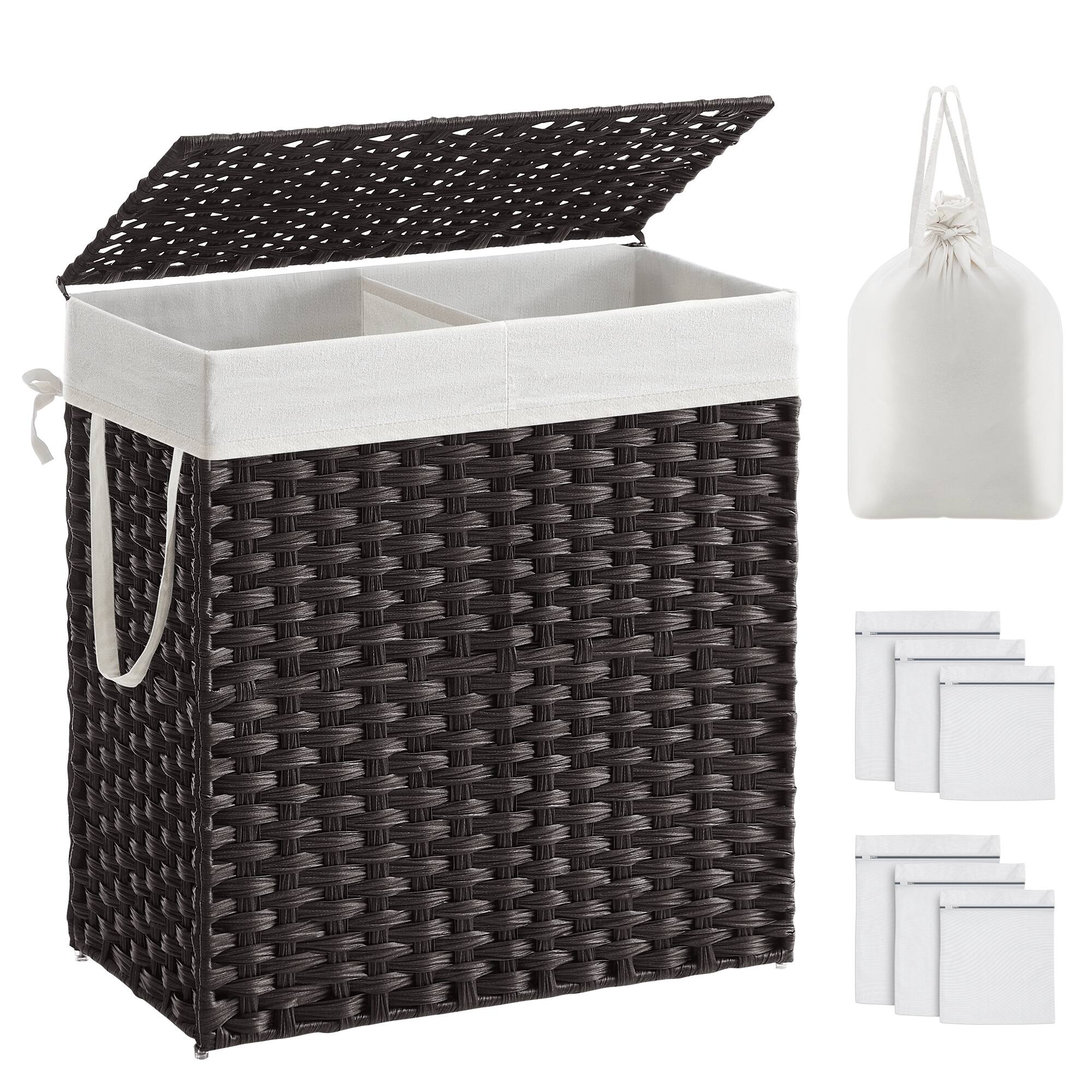 Front. Songmics Home - Laundry Hamper with Lid and 2 Removable Liner Bags,110L, 6 Mesh Bags, Wicker Laundry Basket, Double Laundry Hamper - Black.