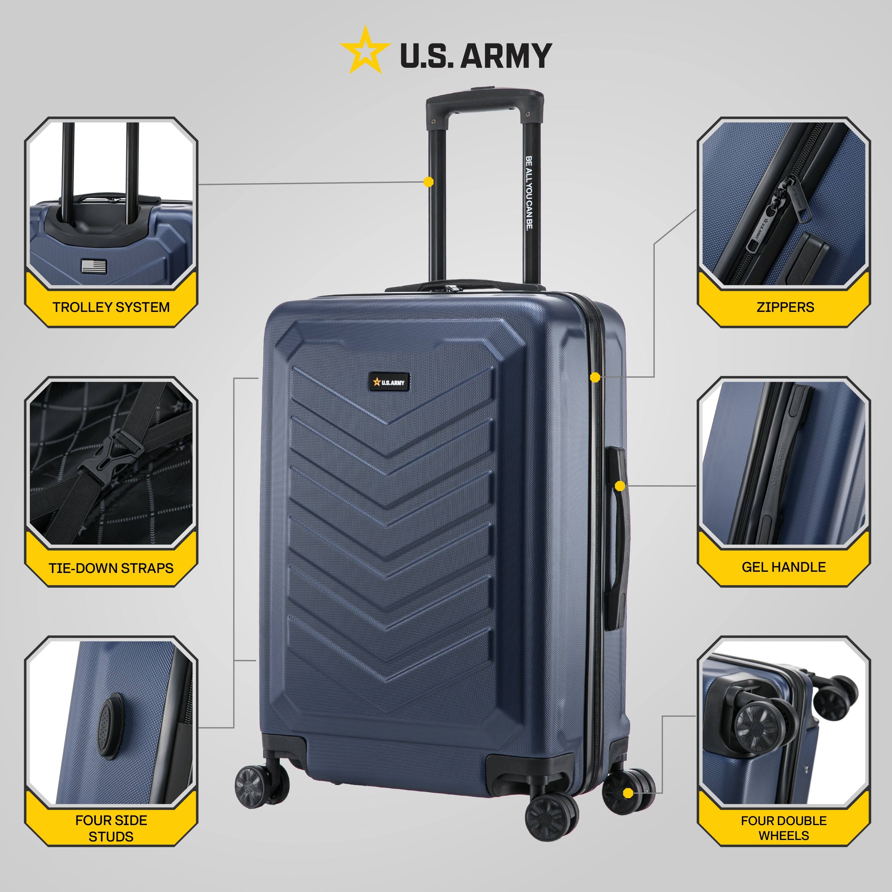 U.S. ARMY

- TROLLEY SYSTEM
- ZIPPER
- TIE-DOWN STRAPS
- FOUR SIDE STUDS
- GEL HANDLE
- FOUR DOUBLE WHEELS