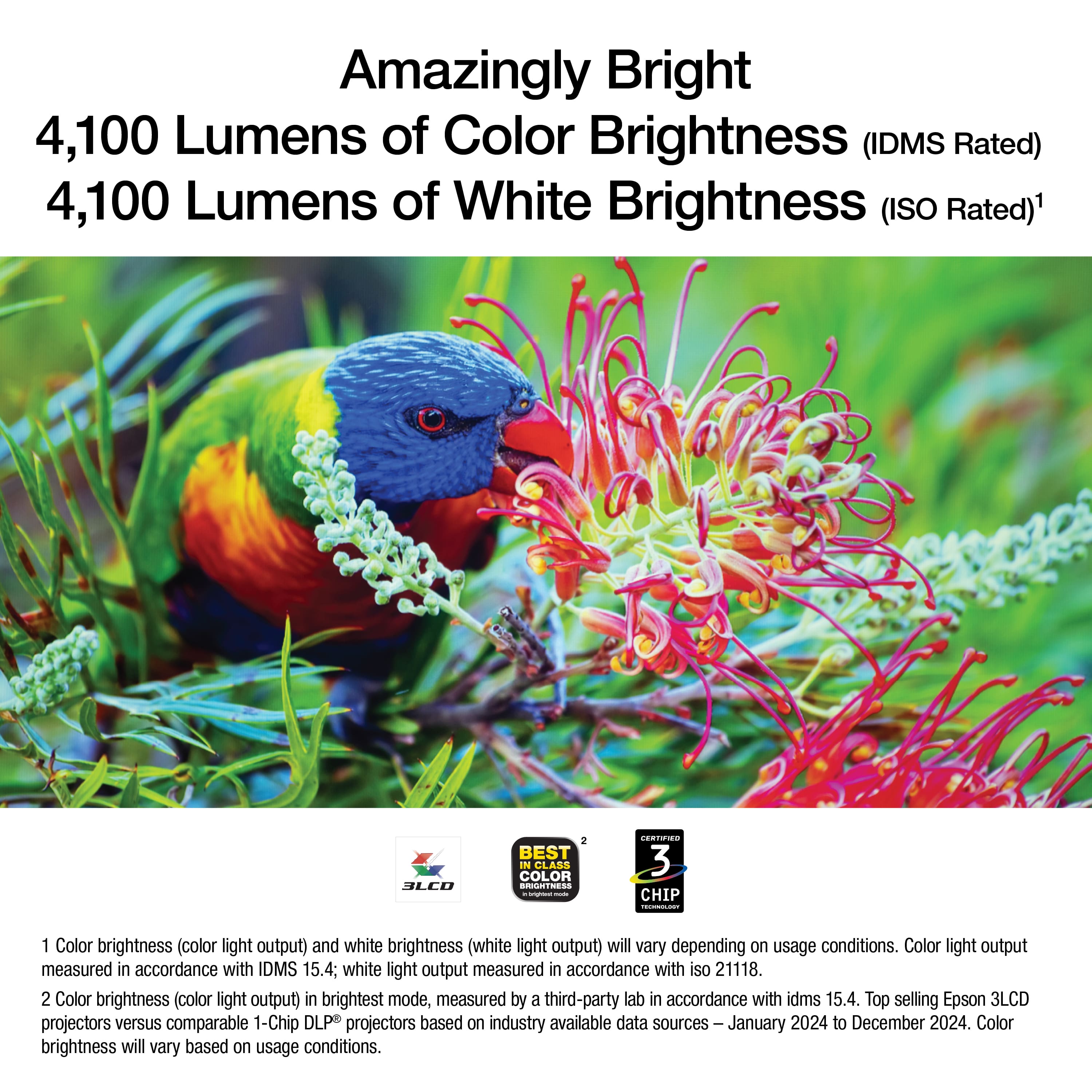 Amazingly Bright
4,100 Lumens of Color Brightness (IDMS Rated)
4,100 Lumens of White Brightness (ISO Rated)¹
1. Color brightness (color light output) and white brightness (white light output) will vary depending on usage conditions. Color light output measured in accordance with IDMS 15.4; white light output measured in accordance with ISO 21118.
2. Color brightness (color light output) in brightest mode, measured by a third-party lab in accordance with IDMS 15.4. Top selling Epson 3LCD projectors versus comparable 1-Chip DLP projectors based on industry available data sources — January 2024 to December 2024. Color brightness will vary based on usage conditions.
3LCD
BEST IN CLASS COLOR BRIGHTNESS
3 CHIP
¹ Color brightness (color light output) and white brightness (white light output) will vary depending on usage conditions. Color light output measured in accordance with IDMS 15.4; white light output measured in accordance with ISO 21118.
² Color brightness (color light output) in brightest mode, measured by a third-party lab in accordance with IDMS 15.4. Top selling Epson 3LCD projectors versus comparable 1-Chip DLP projectors based on industry available data sources — January 2024 to December 2024. Color brightness will vary based on usage conditions.
