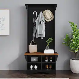 Emma + Oliver - Paula Hallway Tree with Bench, Coat Hooks, and Lower Storage Compartments with Adjustable Shelves - Walnut Seat/Black Frame