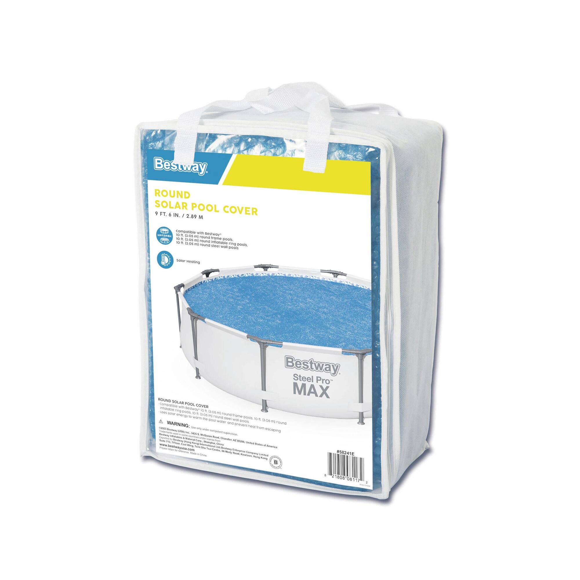 Bestway. ROUND SOLAR POOL COVER 9 FT. 6 IN. / 2.89 M  
- Compatible with Bestway® 12 ft. 6 in. (3.81 m) round frame pools, 12 ft. 6 in. (3.81 m) round steel wall pools, 12 ft. 6 in. (3.81 m) round steel frame pools.  
- Solar heating  
- ROUND SOLAR POOL COVER  
- Uses ring floats 60 in. (152 cm) to 80 in. (203 cm) round name pools, 6 ft. 6 in. (2.01 m) to 8 ft. 6 in. (2.60 m) round steel wall pools.  
- WARNING:  
- 852416  
- 8 88800 04777 2
