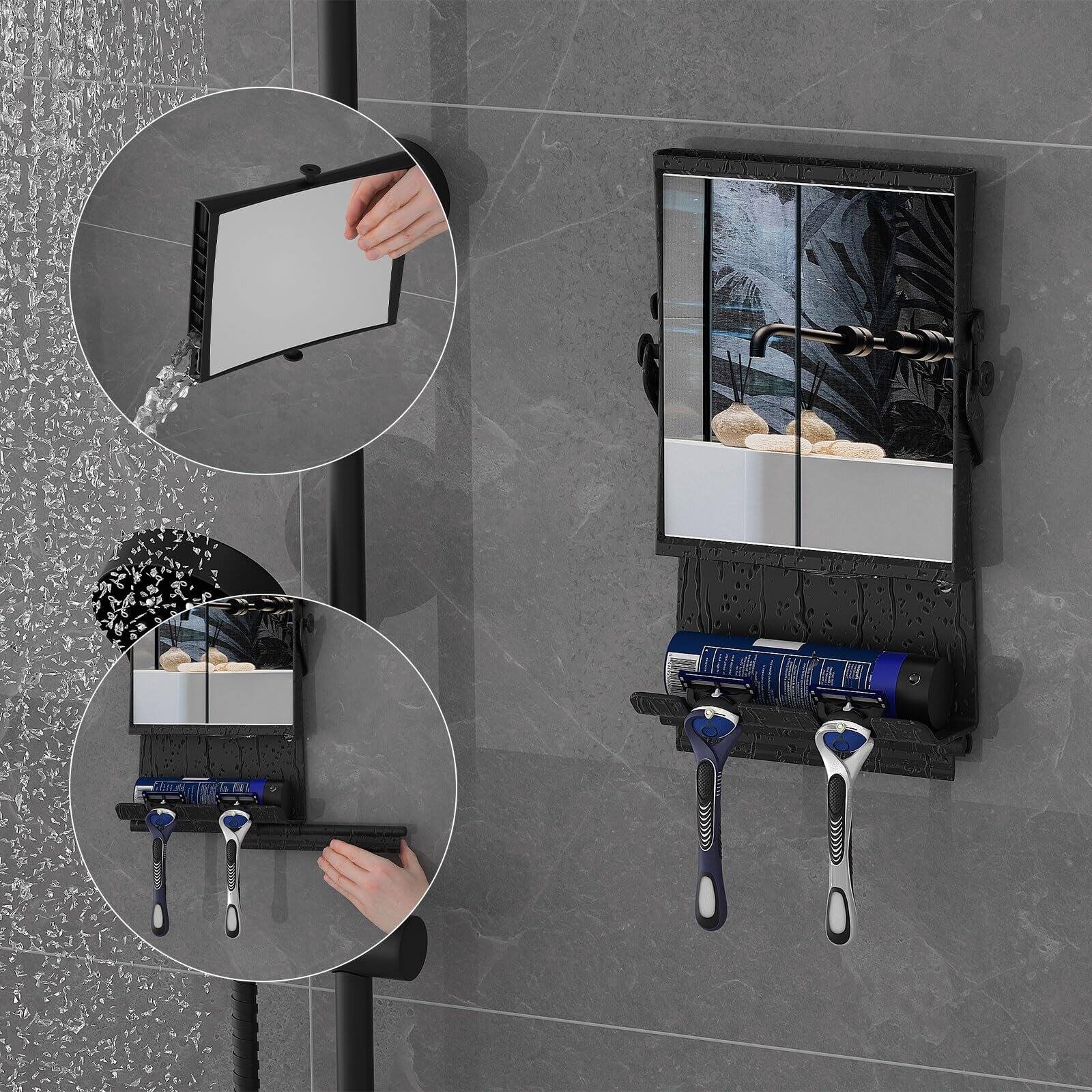 Back. Dazzed Corner - Fogless Shower Mirror 1X/3X Dual-Sided, Anti-Fog, Rust-Proof with Squeegee - Black.