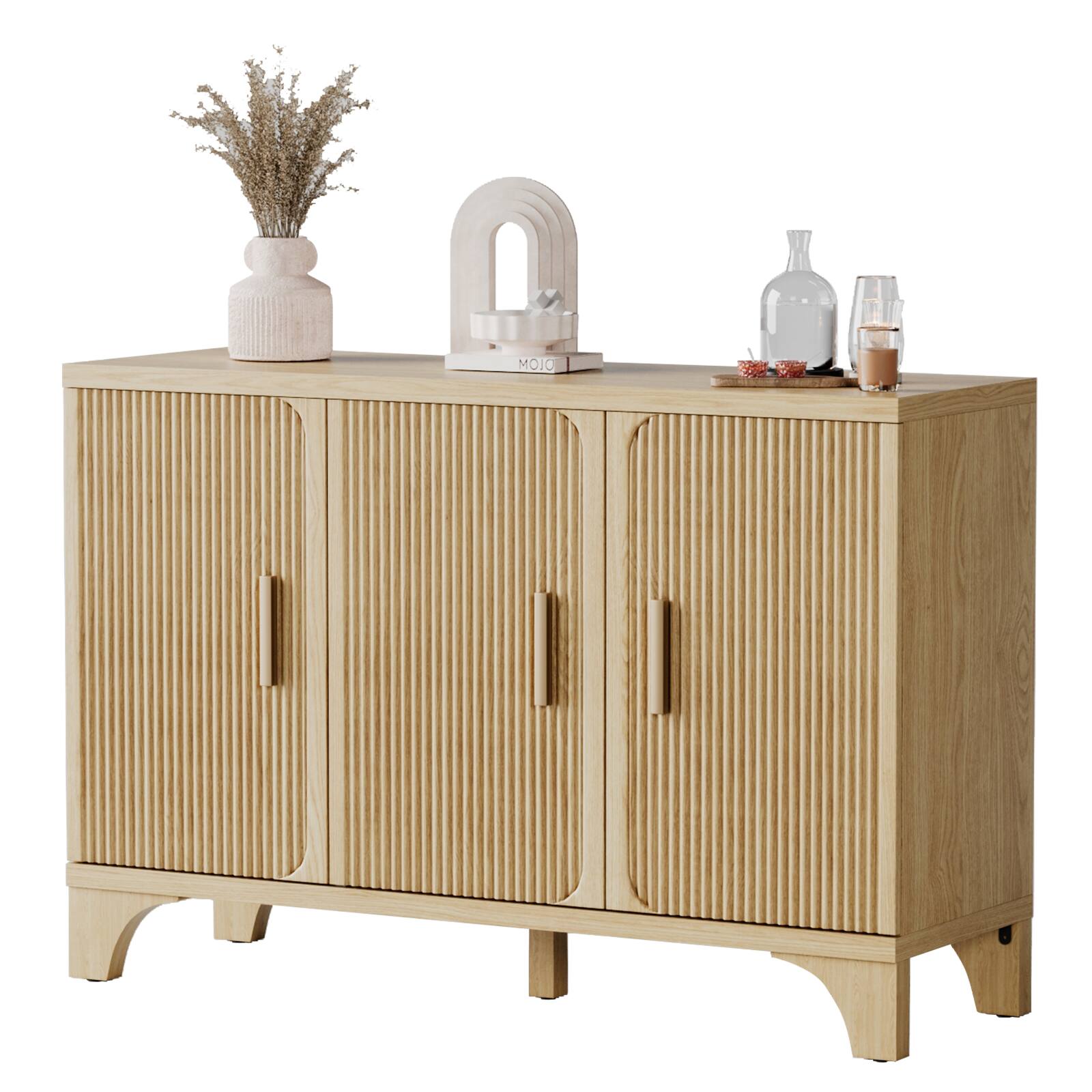 Sugift - 47" Oak Mid Century Modern Fluted Buffet Cabinet with Storage Accent Sideboard Credenza Coffee Bar Console - Natural