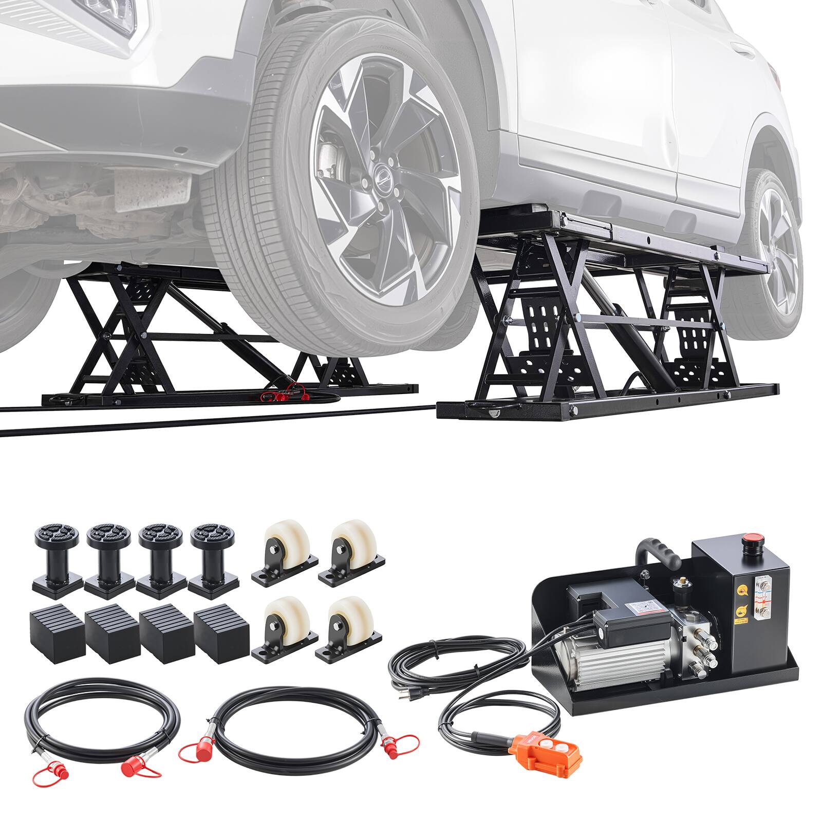 Front. VEVOR - Portable Car Lift, 9000 lbs Capacity, Heavy Duty Steel Truck Lift with 28" Max Height, 120V Power Unit, Wheels - Black.