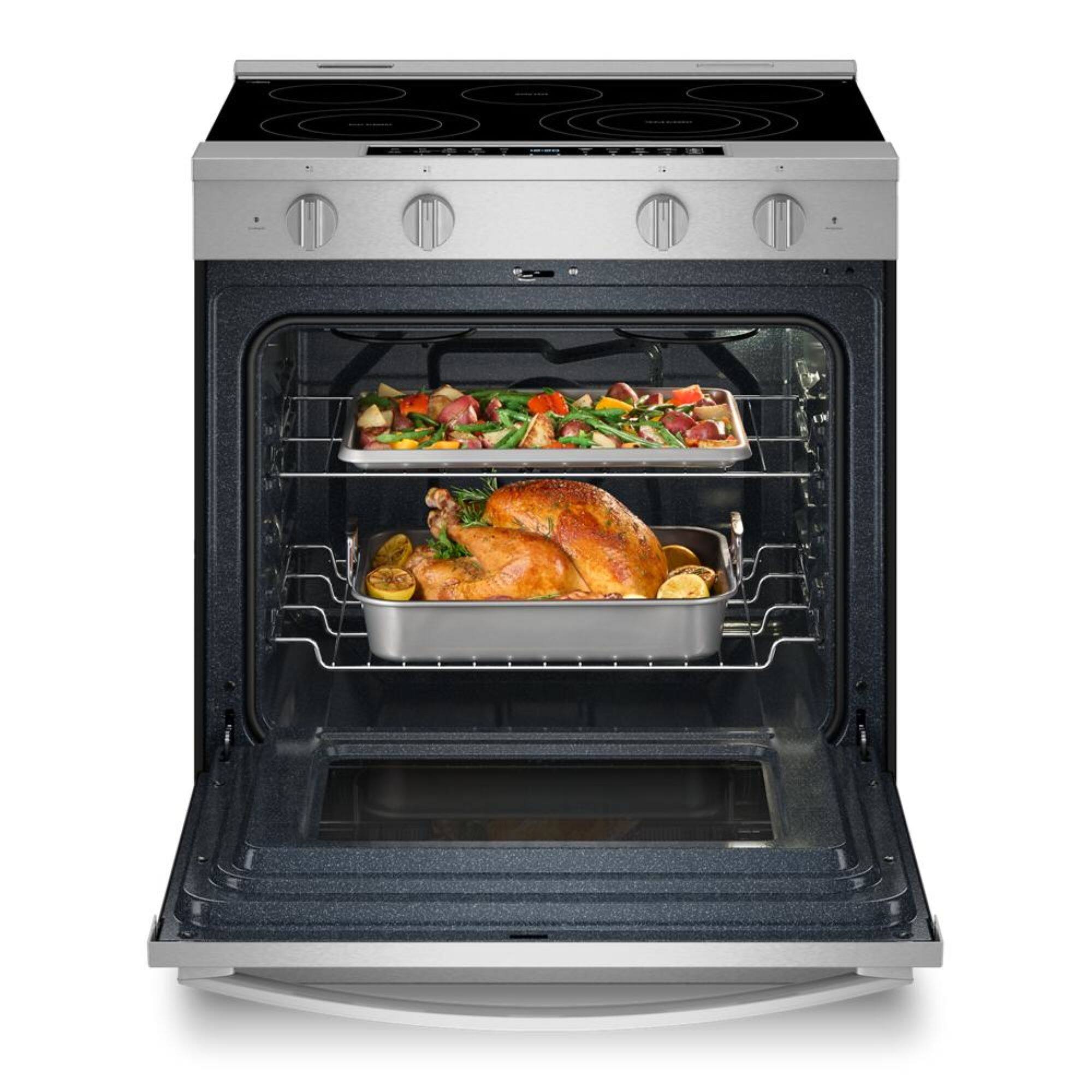 Left. Whirlpool - 5.3 Cu. Ft. Smart Slide-In Electric Range with Air Cooking Technology, No Preheat Air Fry and WipeClean Coating - Fingerprint Resistant Stainless Steel.
