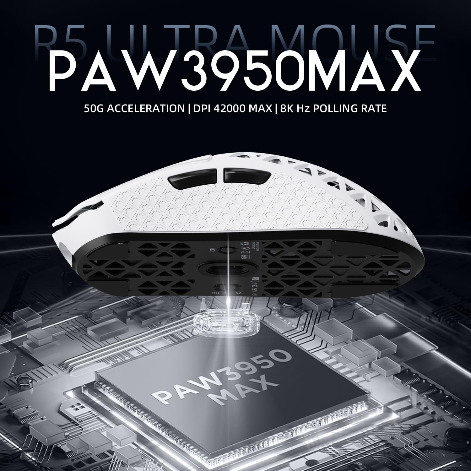R5 ULTRA MOUSE  
PAW3950MAX  
50G ACCELERATION | DPI 42000 MAX | 8K Hz POLLING RATE