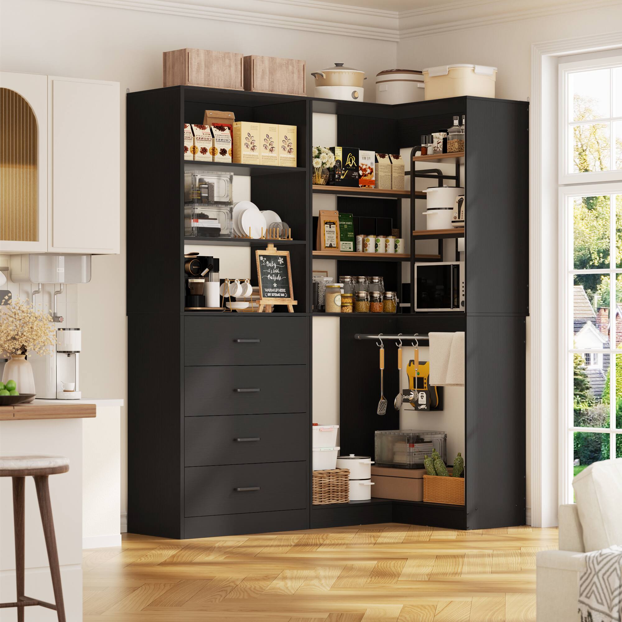 Alt View 3. Aheaplus - 4.4FT Closet Organizer System 2-Piece Set with 4 Drawers, 2 Hanging Rods and Storage Shelves, 52.8'' L x 31.5'' W - Black.