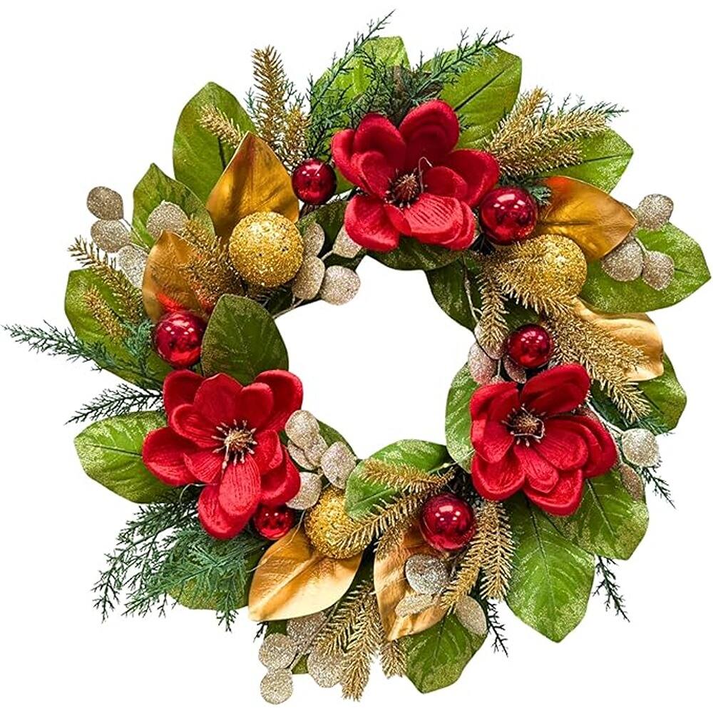 Schertz - 22-Inch Lighted Xmas Magnolia Wreath – Front Door, Wall, or Window Decoration with Timer and Glitter Accents - Green. Red