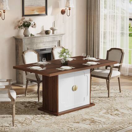 Front. Anysun - 63" Walnut Dining Table for 4-6 - Rectangular Pedestal Base with Storage Shelves. 63"L x 35.4"W x 30"H - Walnut.