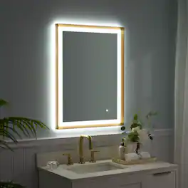 WELLFOR - 24 in. W x 32 in. H Rectangular Single Aluminum Framed Antifog Dimmable Wall Bathroom Vanity Mirror - Gold