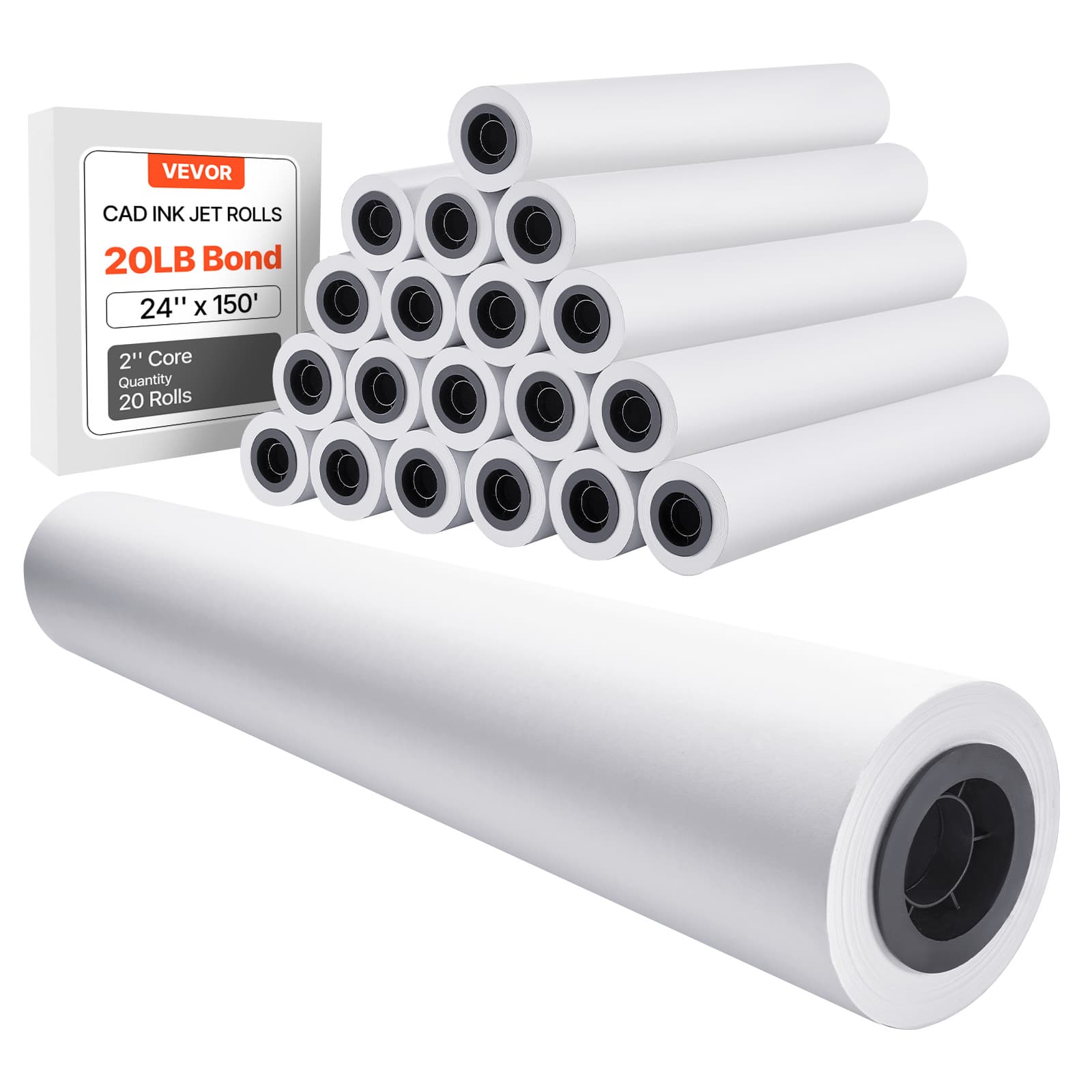 VEVOR - Wide Format Paper, 24 in x 150 ft Plotter Roll, 20 Rolls CAD Bond Rolls with 2 in Core, 20 LB Bond Paper Rolls - Bright White