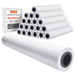 VEVOR - Wide Format Paper, 24 in x 150 ft Plotter Roll, 20 Rolls CAD Bond Rolls with 2 in Core, 20 LB Bond Paper Rolls - Bright White