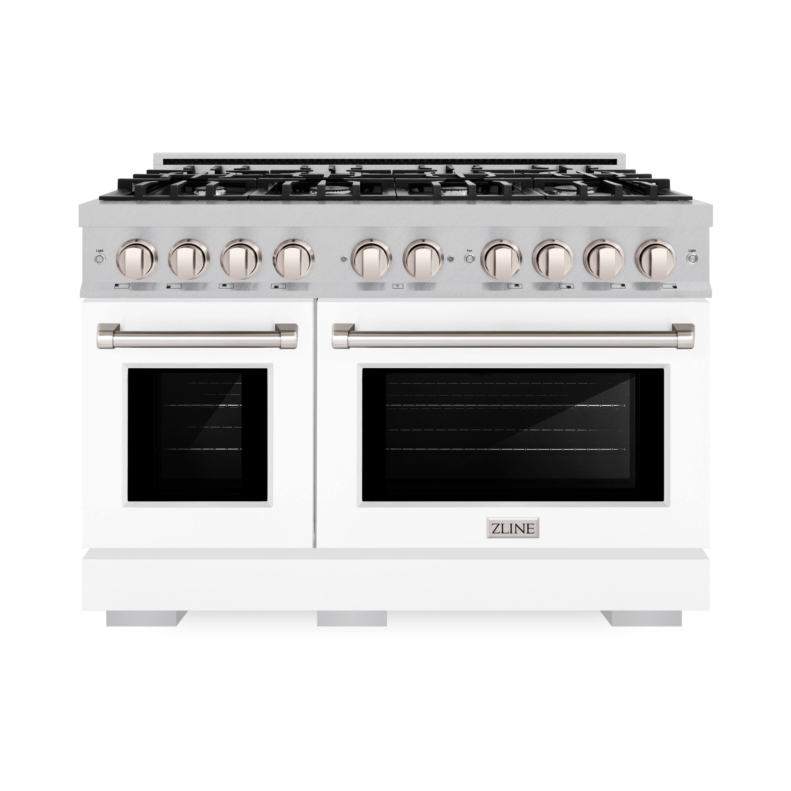 Angle. ZLINE - ZLINE 48 in. 6.7 cu. ft. Freestanding Select Satin Double Oven Gas Range w/ 8 Burners & White Matte Doors - Satin Stainless Steel.