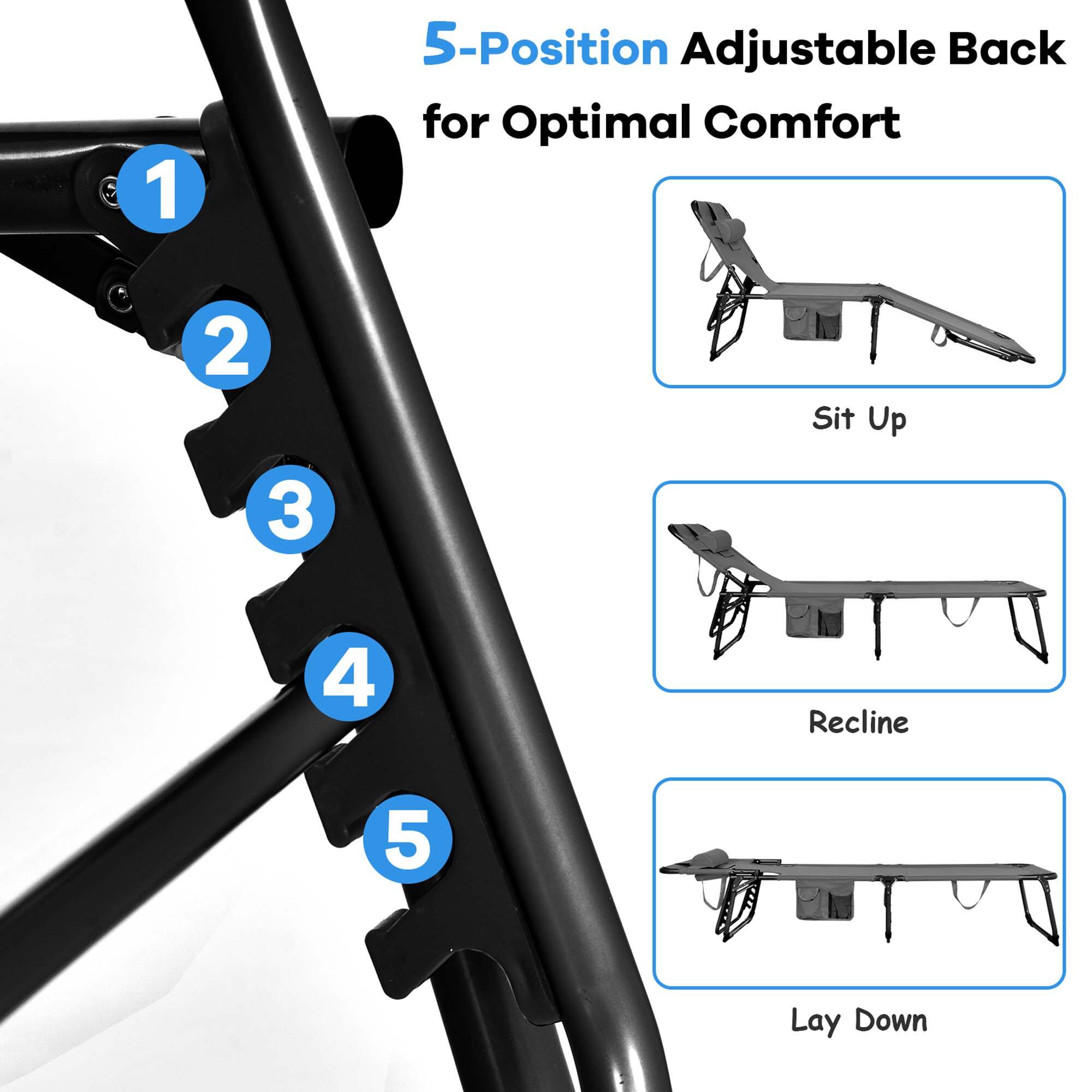 1. 5-Position Adjustable Back for Optimal Comfort  
2. Sit Up  
3. Recline  
4. Lay Down