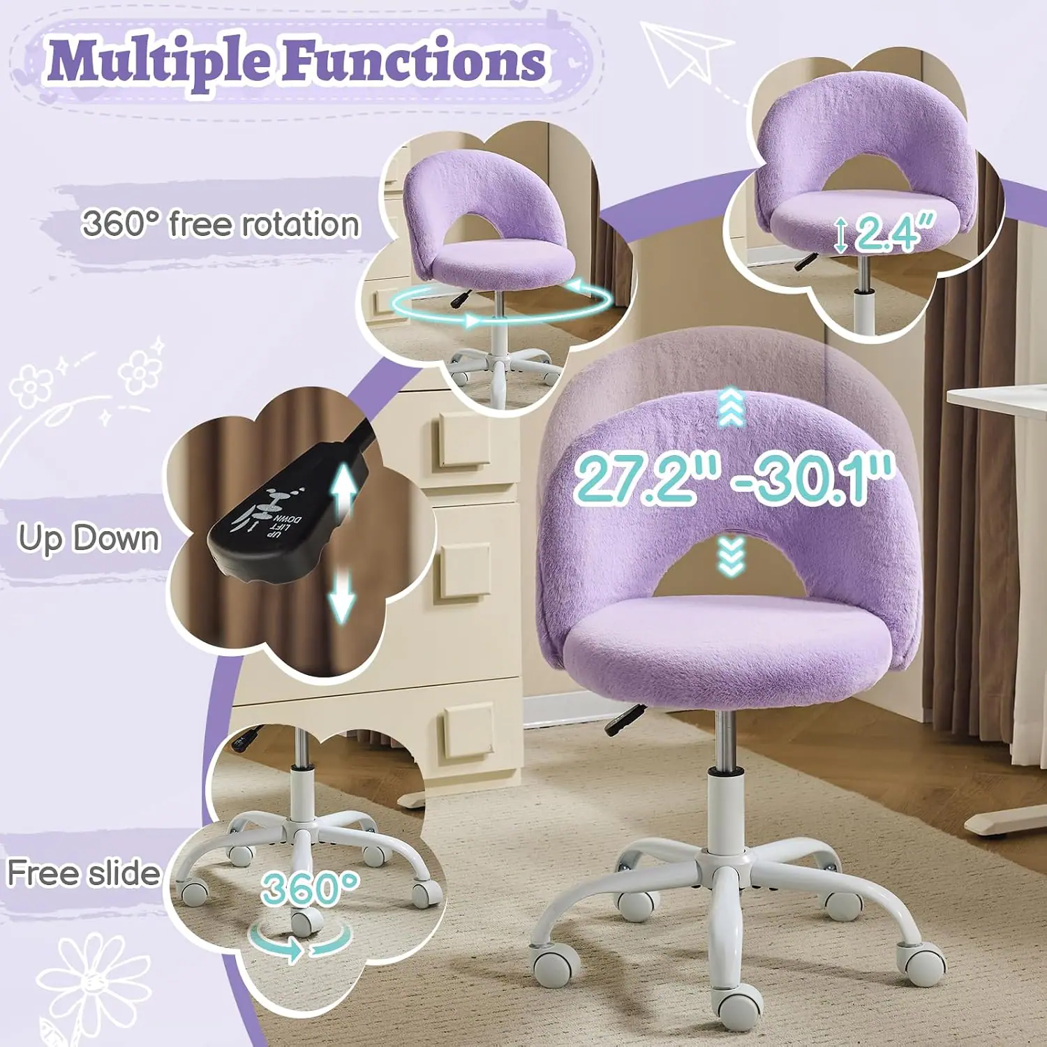 Multiple Functions  
360° free rotation  
2.4" Up Down  
27.2" - 30.1"  
Free slide  
360°