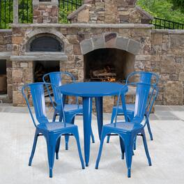 Emma + Oliver - Commercial Grade 30" Round Metal Indoor-Outdoor Table Set with 4 Cafe Chairs - Blue