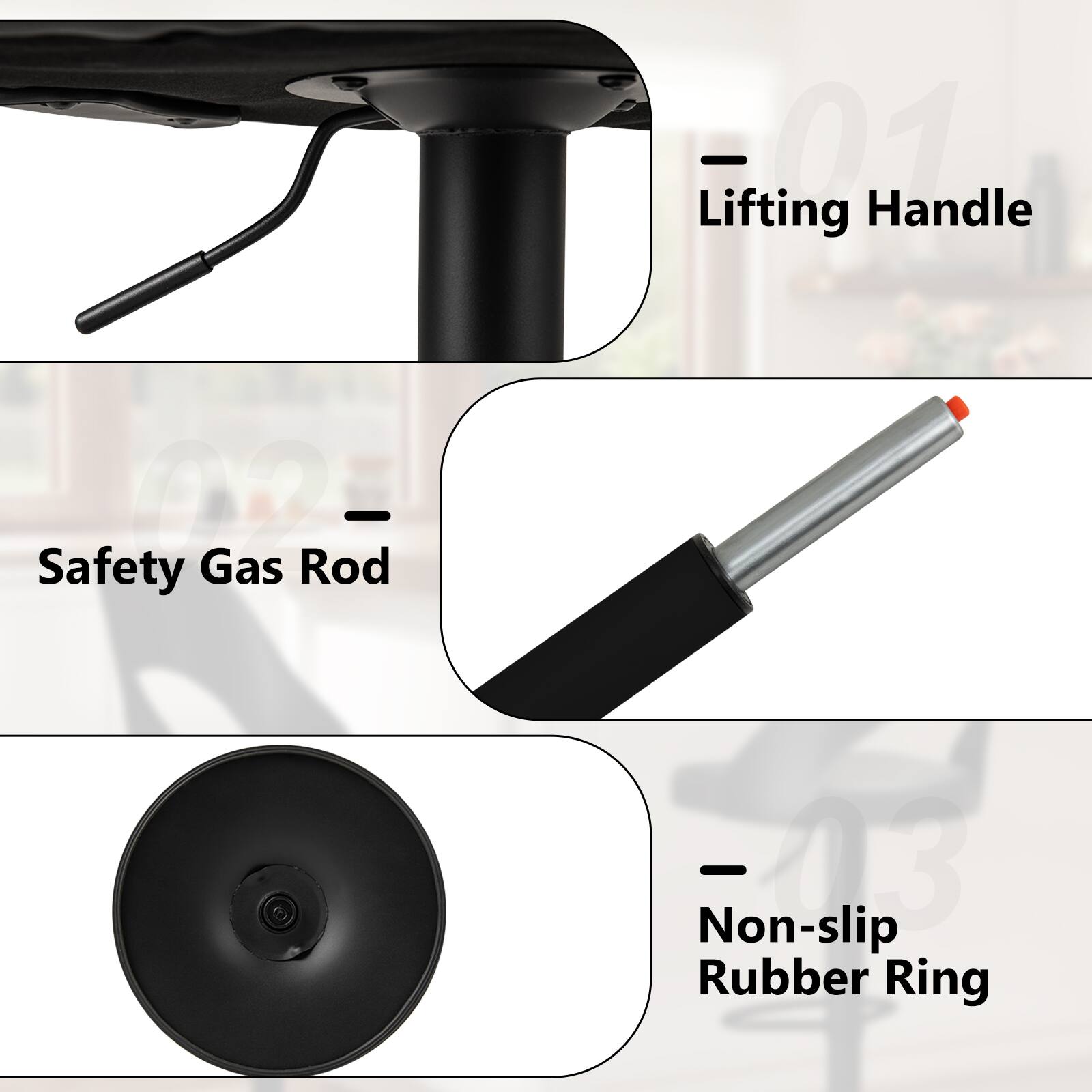01 Lifting Handle  
02 Safety Gas Rod  
03 Non-slip Rubber Ring