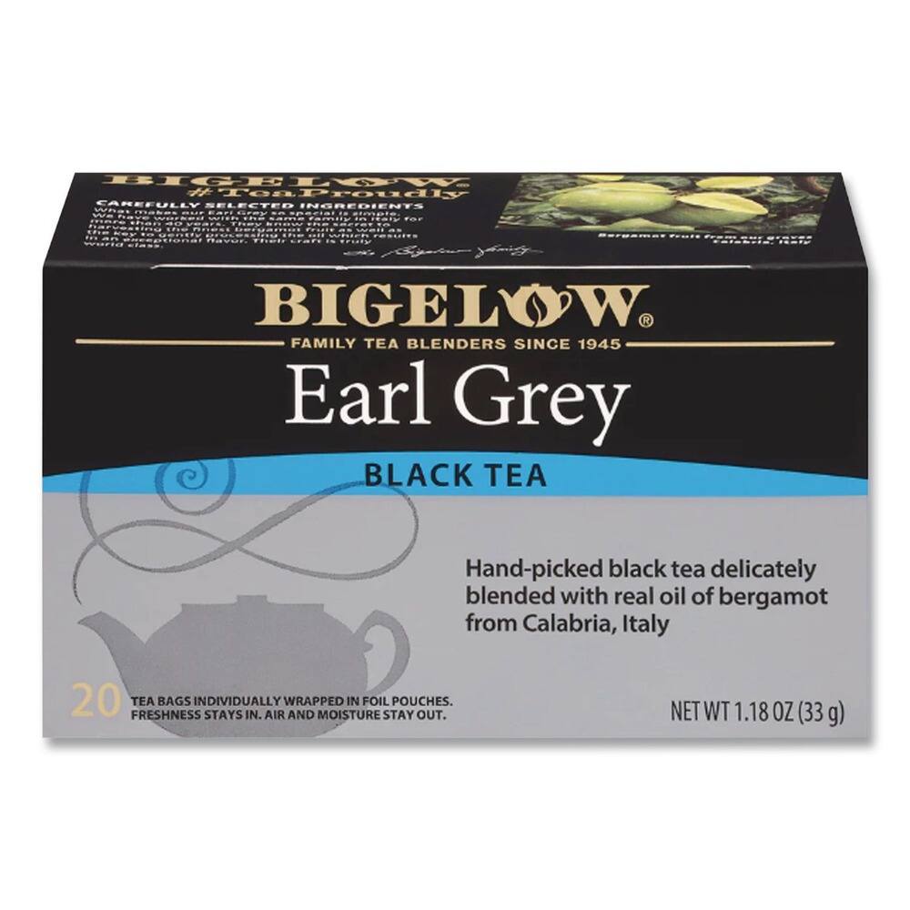 BIGelow  
FAMILY TEA BLENDERS SINCE 1945  

Earl Grey  
BLACK TEA  

Hand-picked black tea delicately blended with real oil of bergamot from Calabria, Italy  

20 TEA BAGS INDIVIDUALLY WRAPPED IN FOIL POUCHES.  
FRESHNESS STAYS IN. AIR AND MOISTURE STAY OUT.  

NET WT 1.18 OZ (33 g)  

CAREFULLY SELECTED INGREDIENTS  
We take great pride in the quality of our teas. Our family has been blending tea for generations, and we're committed to using only the finest ingredients. We carefully select the best tea leaves and blend them with the finest natural flavors to create a truly exceptional cup.  

BIGelow Tea is proud to offer a tea that is not only delicious but also good for you. Our teas are made with natural ingredients and are free from artificial flavors, colors, and preservatives. We believe that tea should be enjoyed for its natural taste and health benefits.  

We are committed to sustainability and are proud to use 100% recyclable packaging.  

NET WT 1.18 OZ (33 g