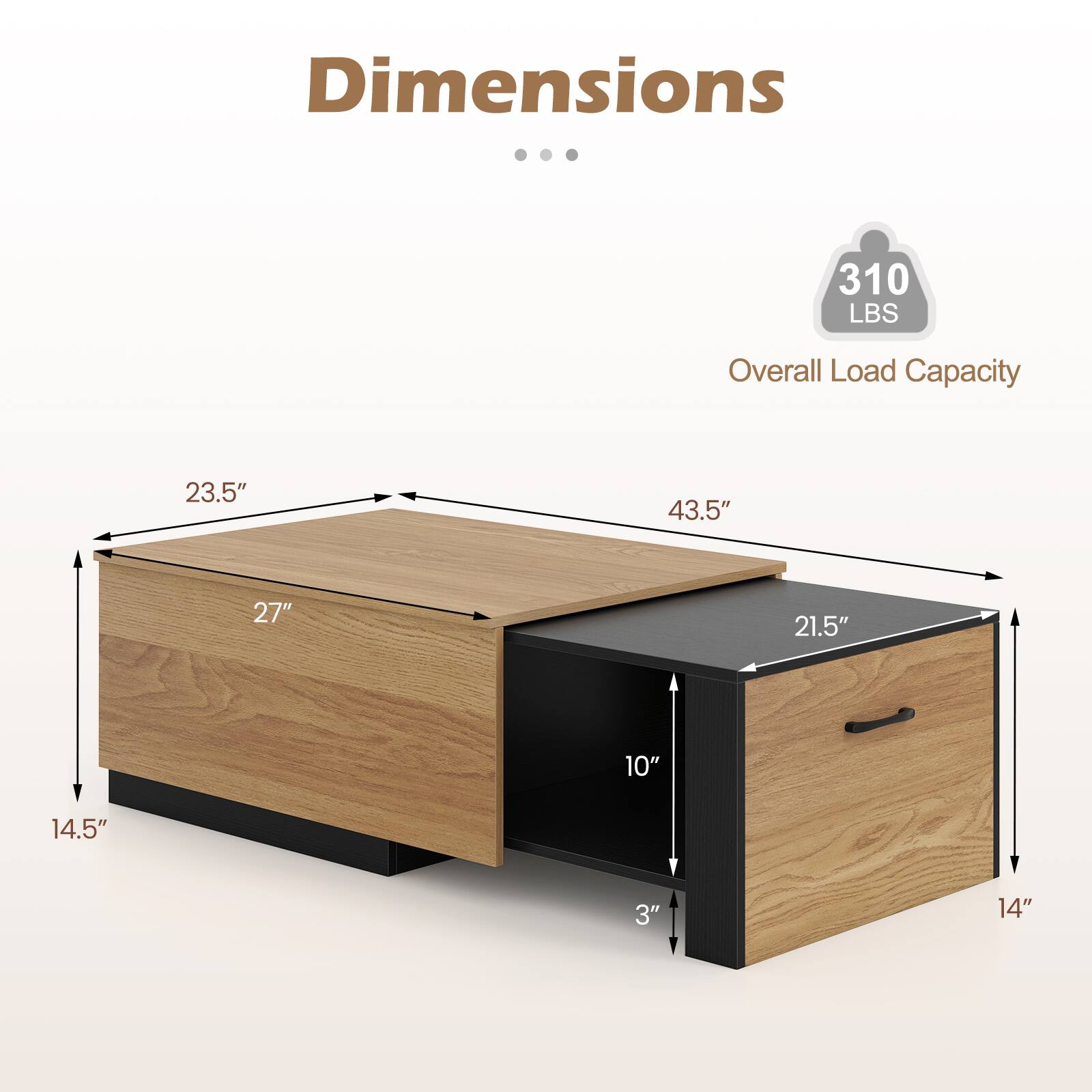 Dimensions

310 LBS Overall Load Capacity

23.5" x 43.5" x 27" x 21.5" x 10" x 14.5" x 3" x 14"