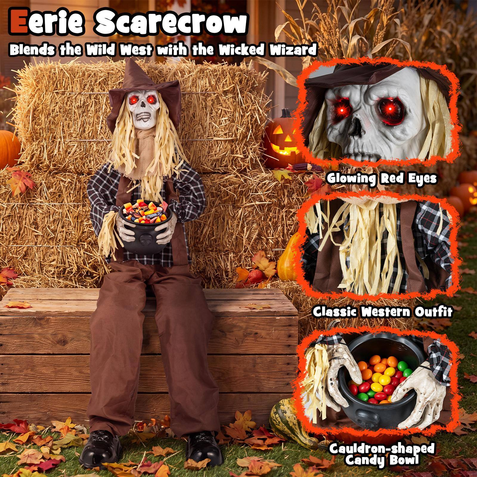 Eerie Scarecrow Blends the Wild West with the Wicked Wizard

Glowing Red Eyes

Classic Western Outfit

Cauldron-shaped Candy Bowl