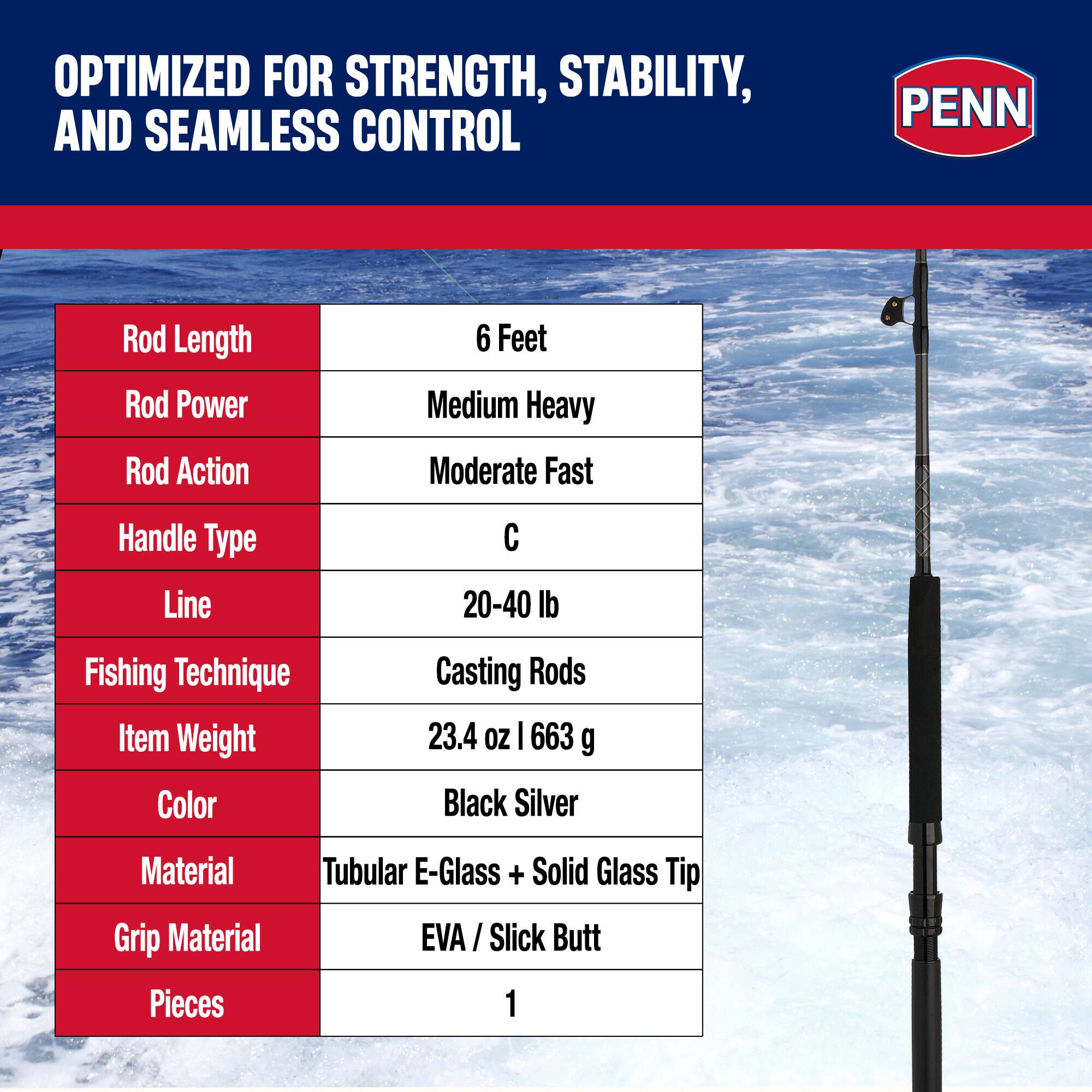 OPTIMIZED FOR STRENGTH, STABILITY, AND SEAMLESS CONTROL

PENN

Rod Length: 6 Feet  
Rod Power: Medium Heavy  
Rod Action: Moderate Fast  
Handle Type: C  
Line: 20-40 lb  
Fishing Technique: Casting Rods  
Item Weight: 23.4 oz | 663 g  
Color: Black Silver  
Material: Tubular E-Glass + Solid Glass Tip  
Grip Material: EVA / Slick Butt  
Pieces: 1