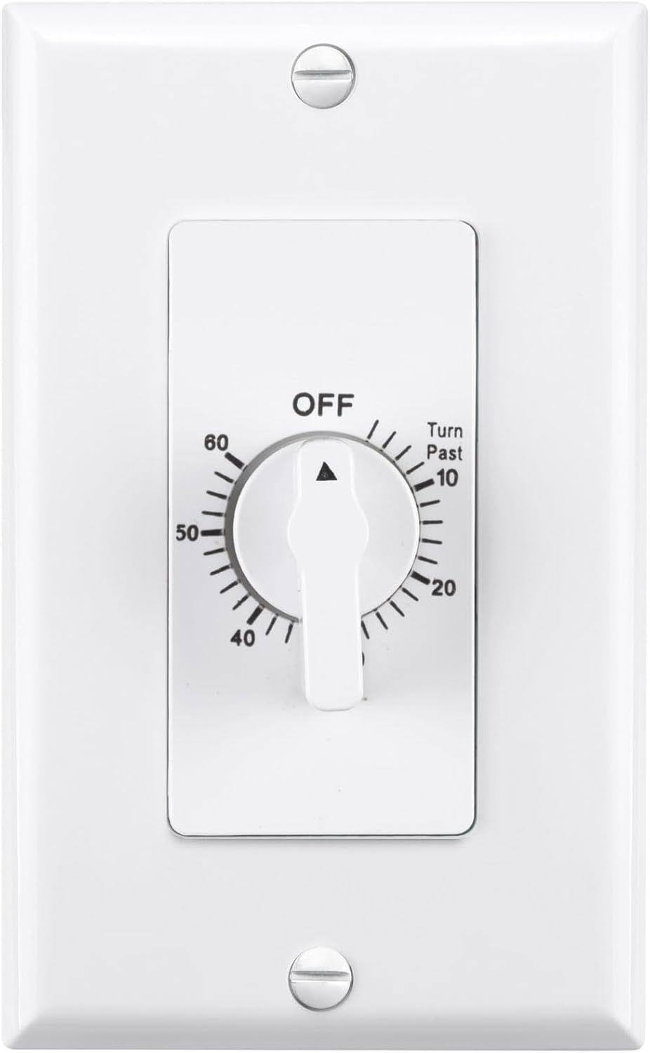 BN-LINK - 60-Minute In-Wall Mechanical Countdown Timer Switch for Bathroom Fan & Lights, No Neutral Wire, 2 Plates - White