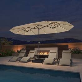 PURPLE LEAF - 14 ft. Patio Market Umbrella with Solar LED and Base Double-Sided Outdoor Table Sun Umbrellas for Pool Deck Backyard - Beige