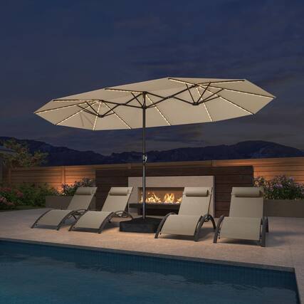 Front. PURPLE LEAF - 14 ft. Patio Market Umbrella with Solar LED and Base Double-Sided Outdoor Table Sun Umbrellas for Pool Deck Backyard - Beige.