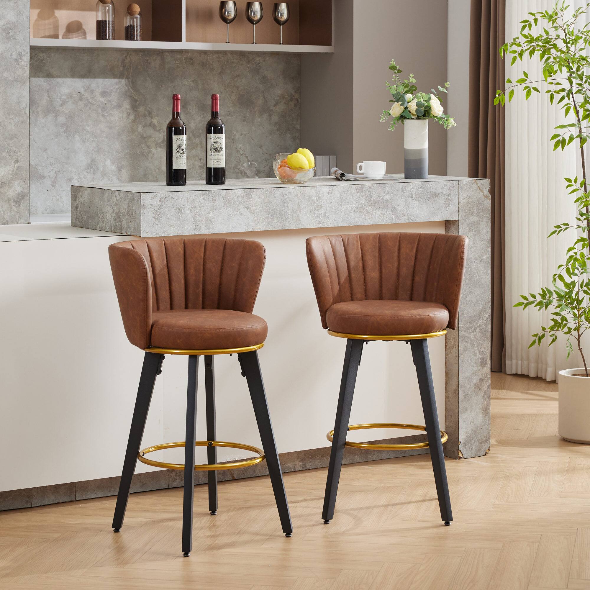 Alt View 9. GOODSILO - Modern Swivel Counter Height Bar Stools Set of 2 with Upholstered Backs and Metal Legs - Brown.