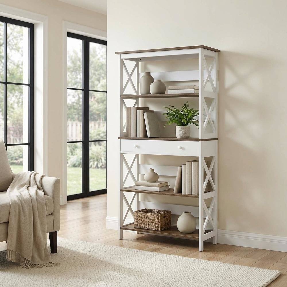 Alt View 1. FurniFact - Wooden 5-Tier Bookcase with Drawer for Storage and Display - Driftwood.