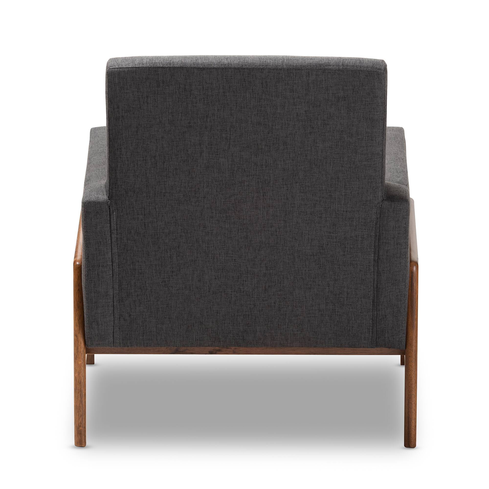 Back. Baxton Studio - Perris Mid-Century Modern Fabric Upholstered Walnut Wood Lounge Chair - Dark Grey.