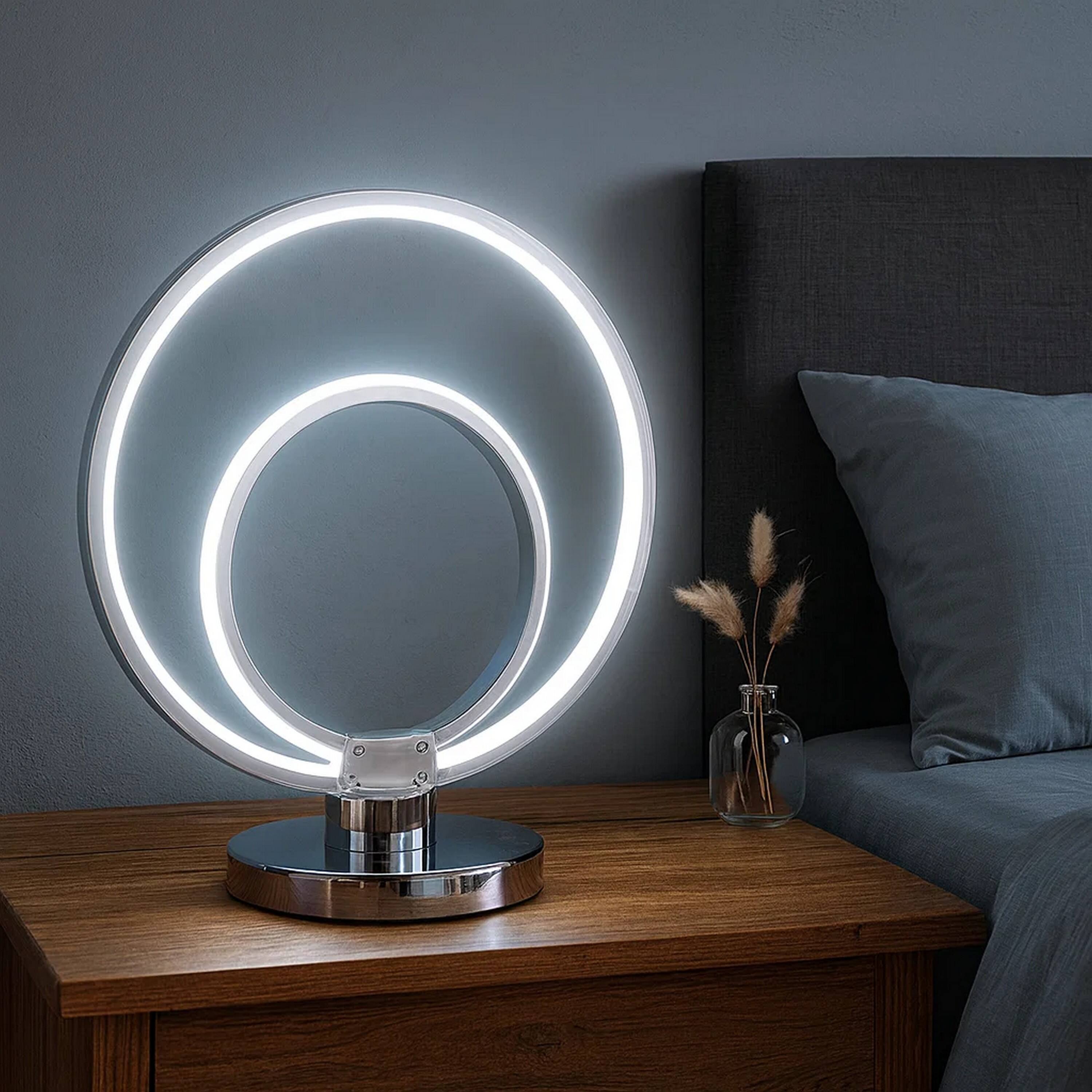 Alt View 2. Manhattan Lane - 14 Inch Table Lamp, Modern Ring LED Light, Round Metal Base - Chrome, Silver.