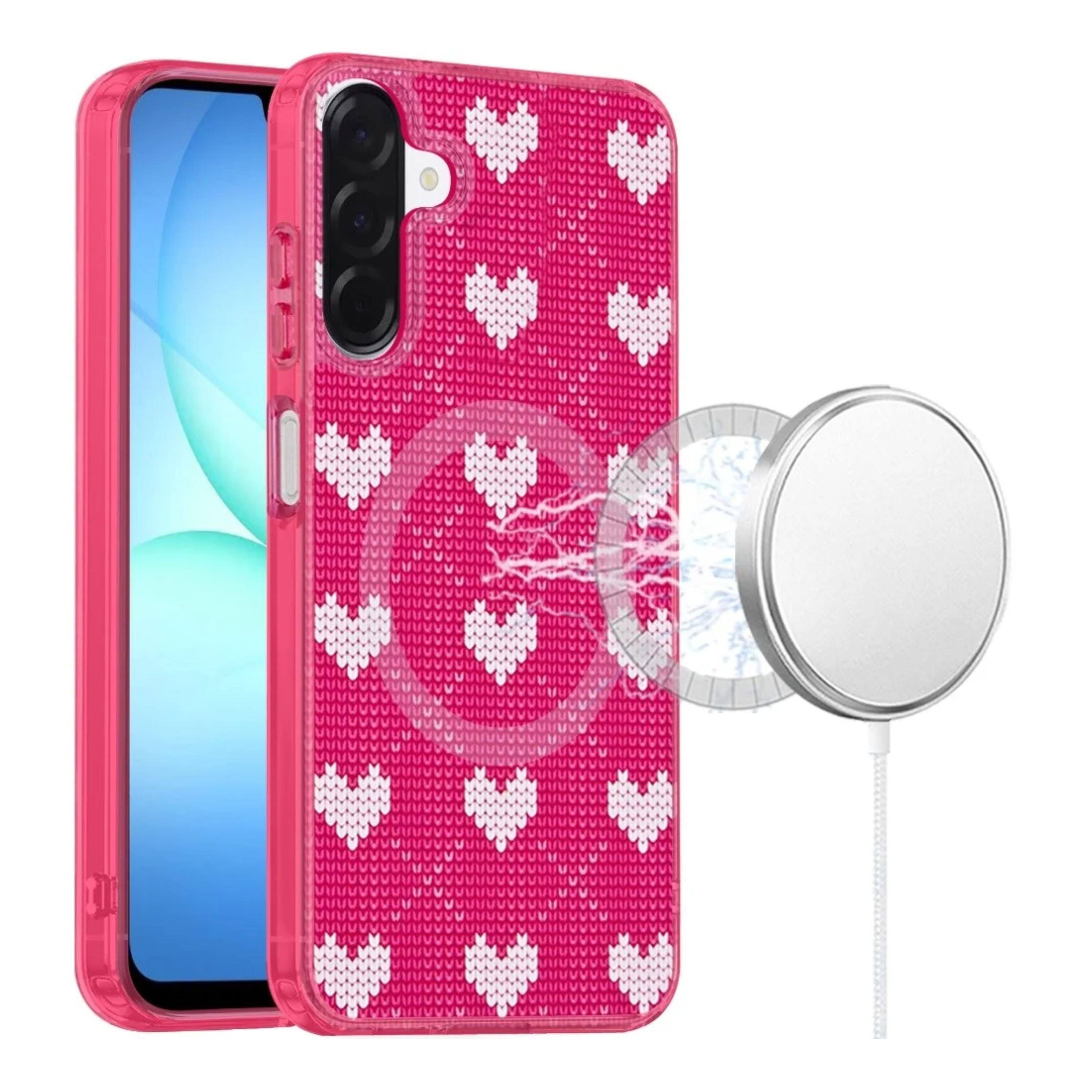 Angle. Kitcheniva - IMD Dual Layer Magnetic Circle Cover Phone Case With Tempered Glass For Samsung Galaxy A17 5G Hearts On Pink - Hearts Pink.