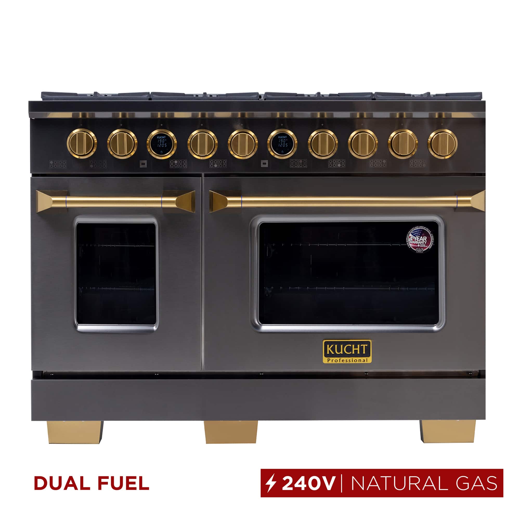 48 in. Dual Oven Dual Fuel Range, 8 Burners, NG, Titanium SS, Kucht Horus Thermostat - Gemstone