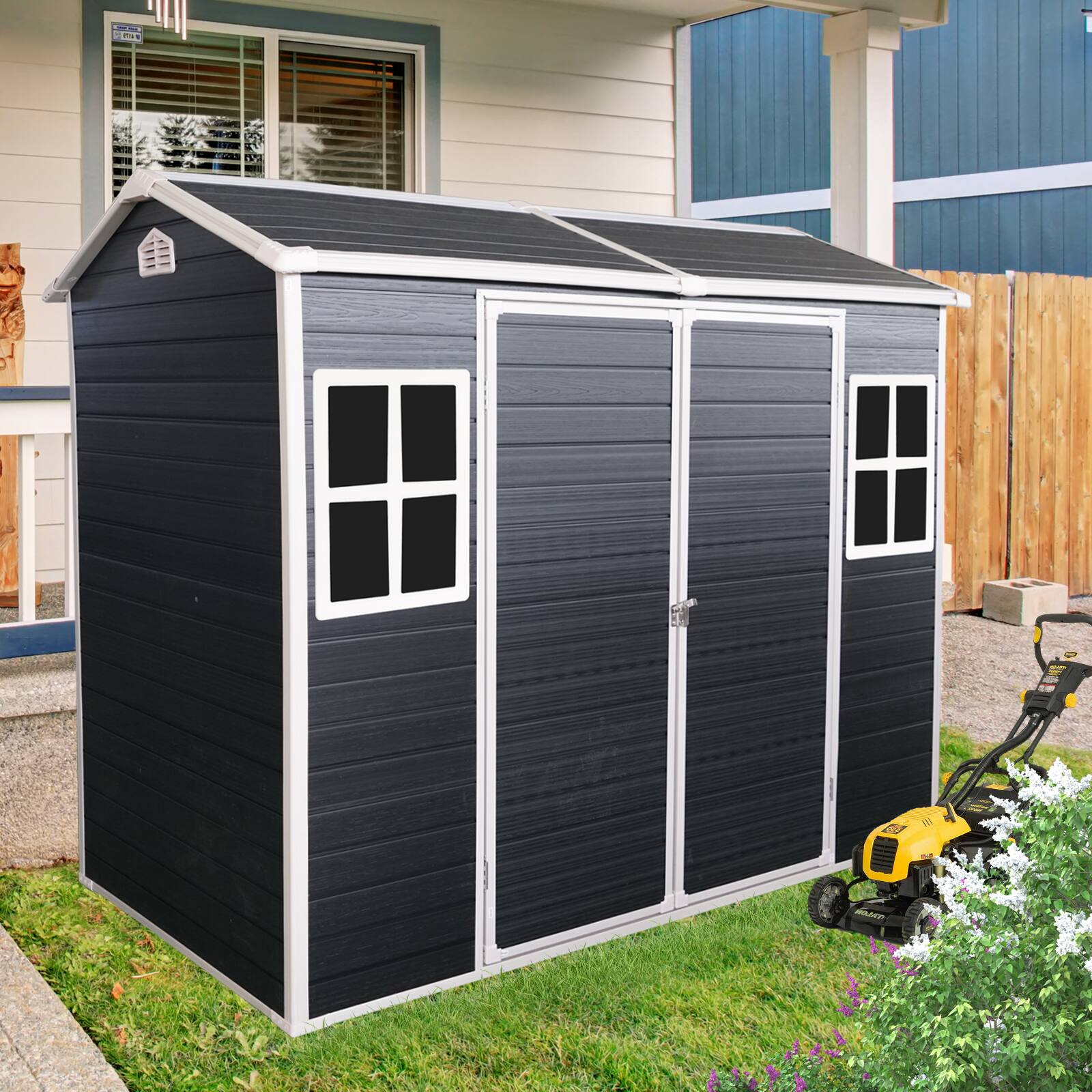 Angle. Mondawe - 4x8ft Resin Outdoor Storage Shed with Two-Window and Double-Door - Black.