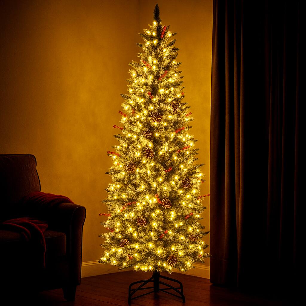 Angle. BreeBe - Slim LED Christmas Tree with Red Berries and Pine Cones – 5/6/7ft Sizes - Green.
