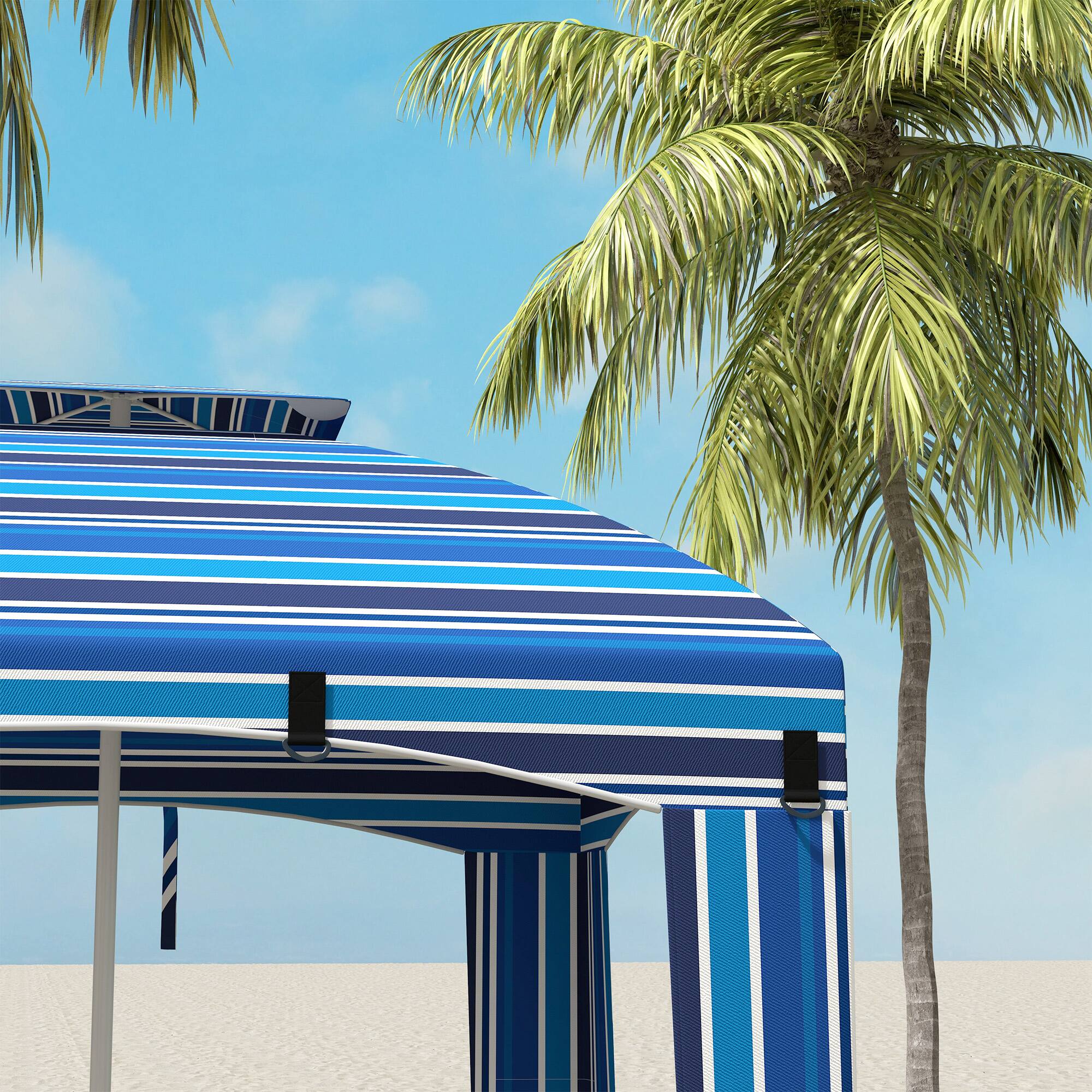 Alt View 5. Outsunny - 5.8' x 5.8' Portable Beach Umbrella with Double-Top, Ruffled Outdoor Cabana with Walls, Vents, Sandbags, Carry Bag - Blue Strip.