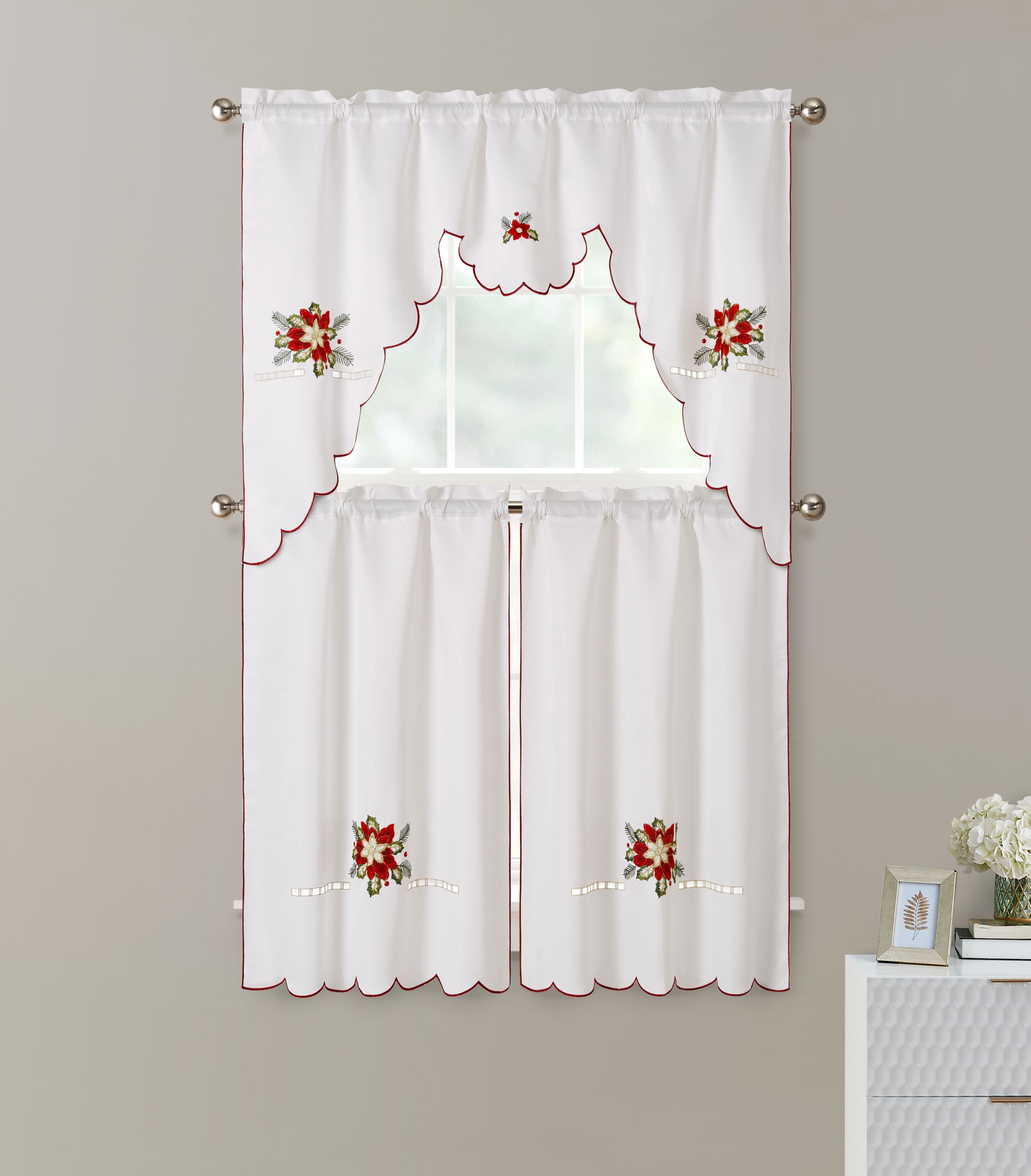Kate Aurora - Holiday Collection Rod Pocket Embroidered Poinsettia Christmas 3 Pc Cafe Kitchen Curtain Tier & Valance Set - White