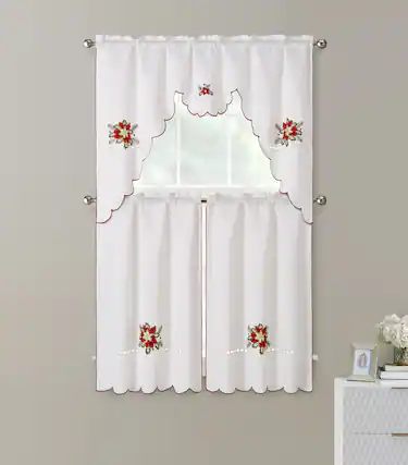 Front. Kate Aurora - Kate Aurora Holiday Collection Rod Pocket Embroidered Poinsettia Christmas 3 Pc Cafe Kitchen Curtain Tier & Valance Set - White.