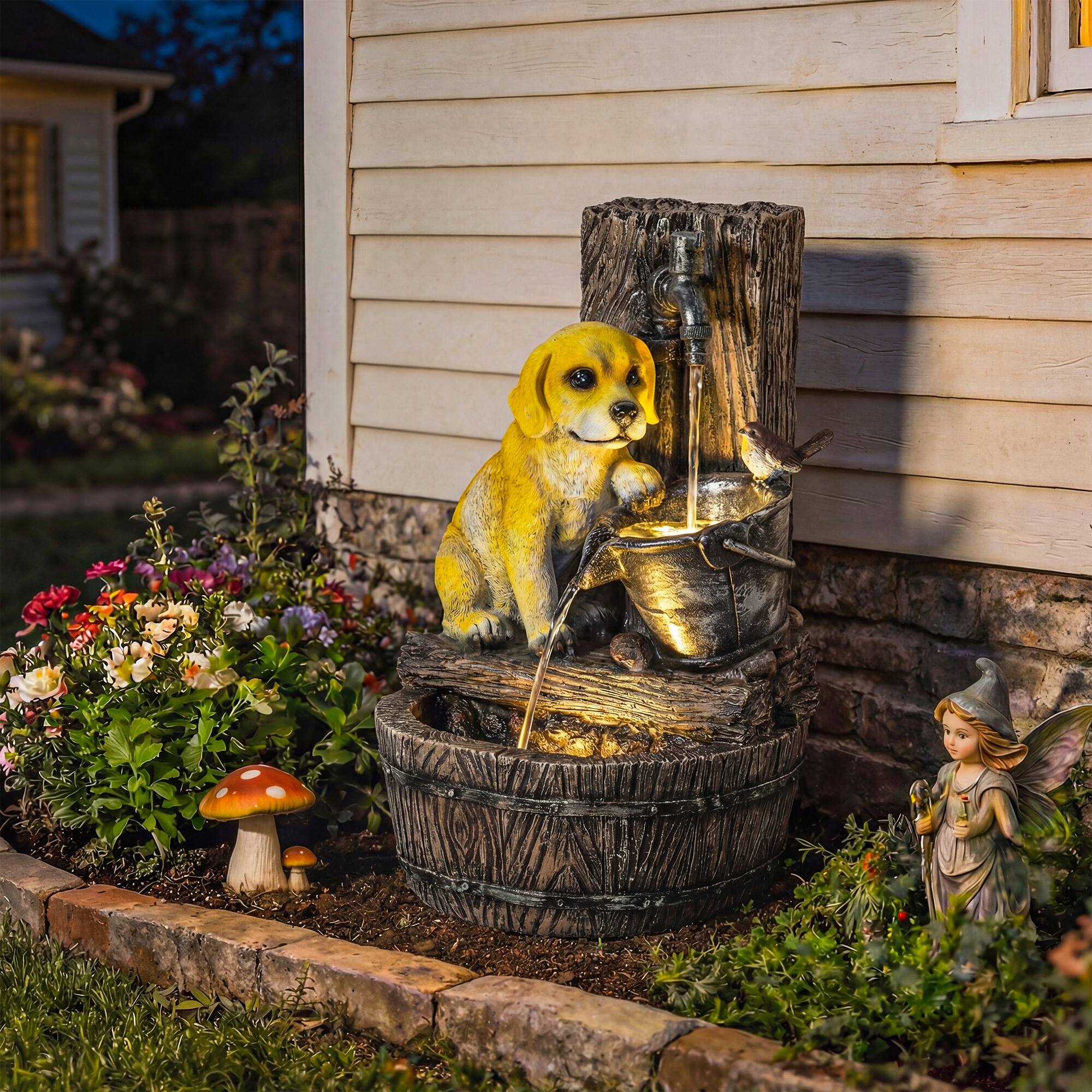 Alt View 1. Outsunny - Outdoor Fountain with 3-Tier Puppy Theme, Resin Garden Fountain with LED Lights, Adjustable Flow - Rustic Brown, Yellow.