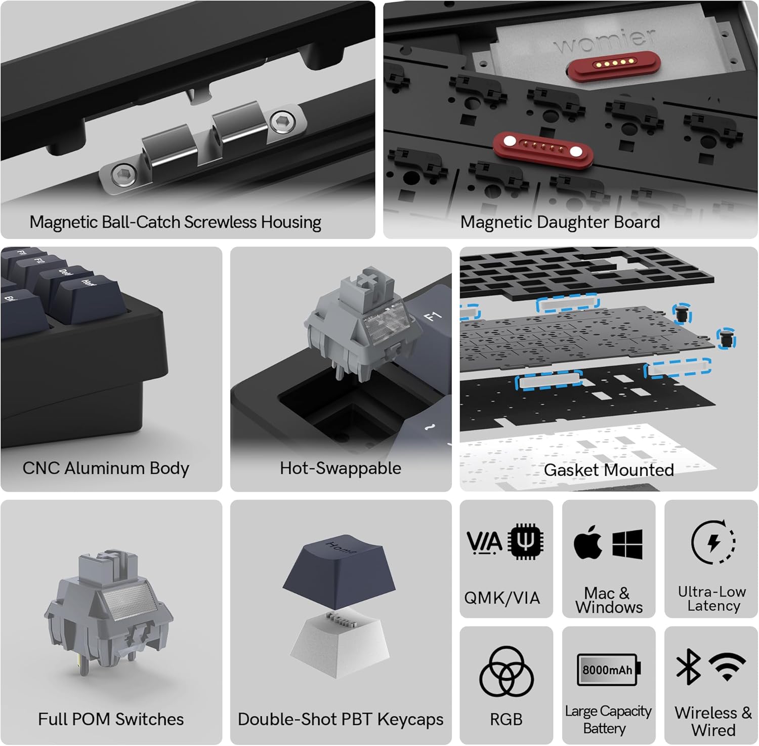 - Magnetic Ball-Catch Screwless Housing
- Magnetic Daughter Board
- CNC Aluminum Body
- Hot-Swappable
- Gasket Mounted
- Full POM Switches
- Double-Shot PBT Keycaps
- RGB
- QMK/VIA
- Mac & Windows
- Ultra-Low Latency
- 8000mAh Large Capacity Battery
- Wireless & Wired