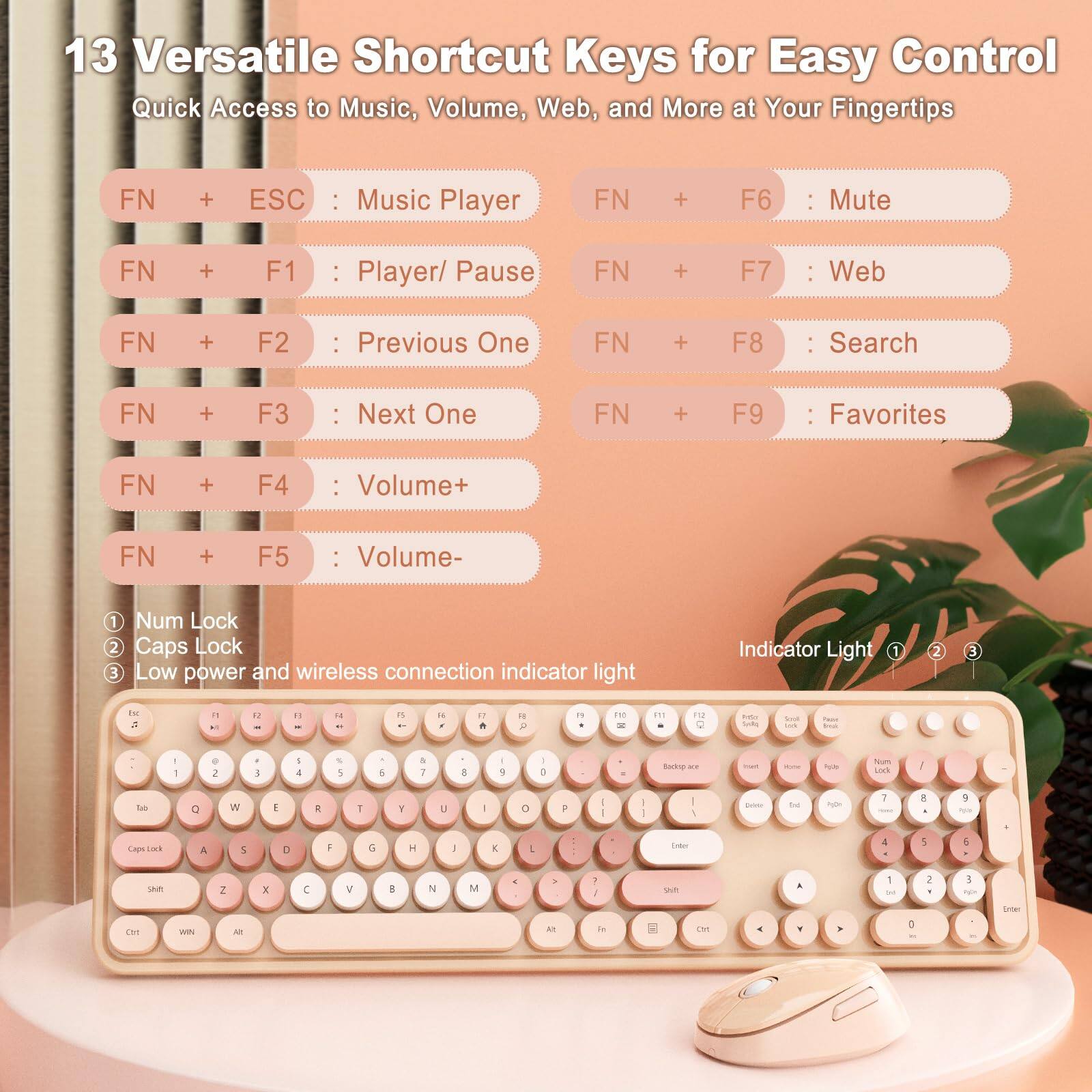 13 Versatile Shortcut Keys for Easy Control  
Quick Access to Music, Volume, Web, and More at Your Fingertips  

FN + ESC : Music Player  
FN + F1 : Player/ Pause  
FN + F2 : Previous One  
FN + F3 : Next One  
FN + F4 : Volume+  
FN + F5 : Volume-  
FN + F6 : Mute  
FN + F7 : Web  
FN + F8 : Search  
FN + F9 : Favorites  

1. Num Lock  
2. Caps Lock  
3. Low power and wireless connection indicator light  

Indicator Light 1 2 3