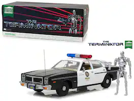 Greenlight - 1977 Dodge Monaco Metropolitan Police with T-800 Endoskeleton Figurine "The Terminator" (1984) Movie 1/18 - White And Black
