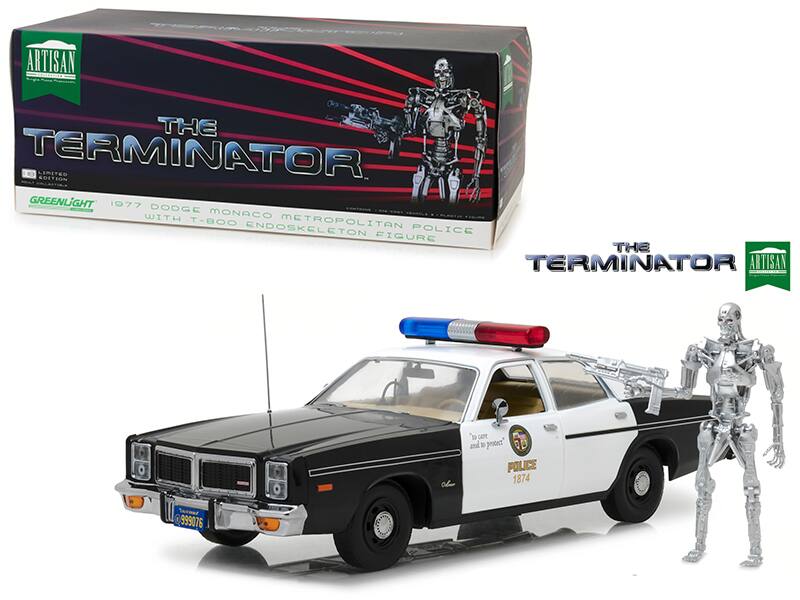 Greenlight - 1977 Dodge Monaco Metropolitan Police with T-800 Endoskeleton Figurine "The Terminator" (1984) Movie 1/18 - White And Black